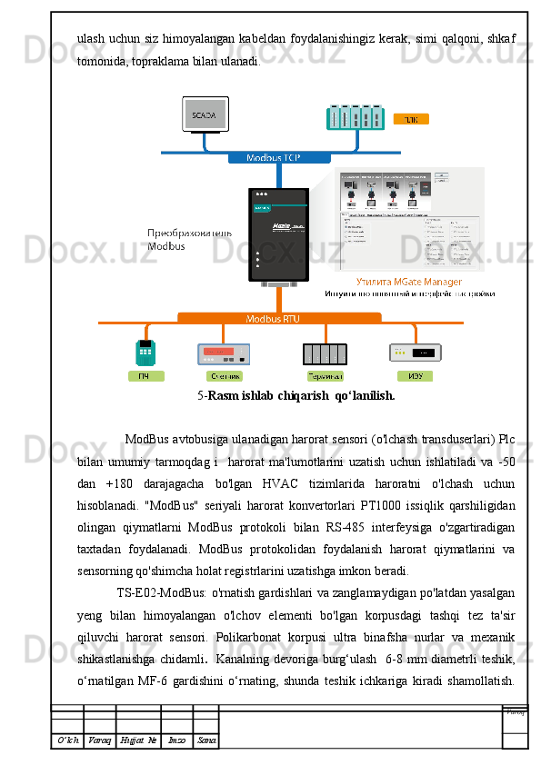 ulash  uchun  siz  himoyalangan  kabeldan  foydalanishingiz  kerak, simi  qalqoni,  shkaf
tomonida, topraklama bilan ulanadi.
5- Rasm ishlab chiqarish  qo‘lanilish.
                       ModBus avtobusiga ulanadigan harorat sensori (o'lchash transduserlari) Plc
bilan   umumiy   tarmoqdag   i     harorat   ma'lumotlarini   uzatish   uchun   ishlatiladi   va   -50
dan   +180   darajagacha   bo'lgan   HVAC   tizimlarida   haroratni   o'lchash   uchun
hisoblanadi.   "ModBus"   seriyali   harorat   konvertorlari   PT1000   issiqlik   qarshiligidan
olingan   qiymatlarni   ModBus   protokoli   bilan   RS-485   interfeysiga   o'zgartiradigan
taxtadan   foydalanadi.   ModBus   protokolidan   foydalanish   harorat   qiymatlarini   va
sensorning qo'shimcha holat registrlarini uzatishga imkon beradi.
                   TS-E02-ModBus: o'rnatish gardishlari va zanglamaydigan po'latdan yasalgan
yeng   bilan   himoyalangan   o'lchov   elementi   bo'lgan   korpusdagi   tashqi   tez   ta'sir
qiluvchi   harorat   sensori.   Polikarbonat   korpusi   ultra   binafsha   nurlar   va   mexanik
shikastlanishga  chidamli .    Kanalning devoriga burg‘ulash   6-8 mm diametrli teshik,
o‘rnatilgan   MF-6   gardishini   o‘rnating,   shunda   teshik   ichkariga   kiradi   shamollatish.
Varoq
O ’ lch Varaq Hujjat   № Imzo Sana 