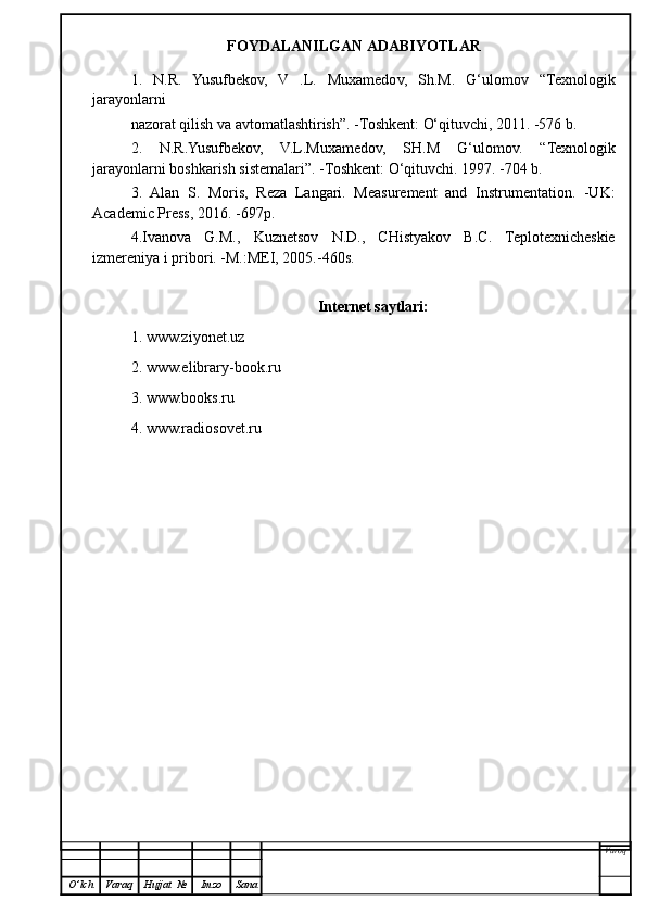 FOYDALANILGAN ADABIYOTLAR
1.   N.R.   Yusufbekov,   V   .L.   Muxamedov,   Sh.M.   G‘ulomov   “Texnologik
jarayonlarni
nazorat qilish va avtomatlashtirish ” . -Toshkent:  O‘ qituvchi, 2011. -576 b.
2.   N.R.Yusufbekov,   V.L.Muxamedov,   SH.M   G‘ulomov.   “ Texnologik
jarayonlarni boshkarish sistemalari ” . -Toshkent:  O‘q ituvchi. 1997. -704 b.
3.   Alan   S.   Moris,   Reza   Langari.   Measurement   and   Instrumentation.   -UK:
Academic Press, 2016. -697p.
4.Ivanova   G.M.,   Kuznetsov   N.D.,   CHistyakov   B.C.   Teplotexnicheskie
izmereniya i pribor i . -M.:MEI, 2005.-460s.
Internet saytlari:
1. www.ziyonet.uz
2. www.elibrary-book.ru
3. www.books.ru
4. www.radiosovet.ru
Varoq
O ’ lch Varaq Hujjat   № Imzo Sana 