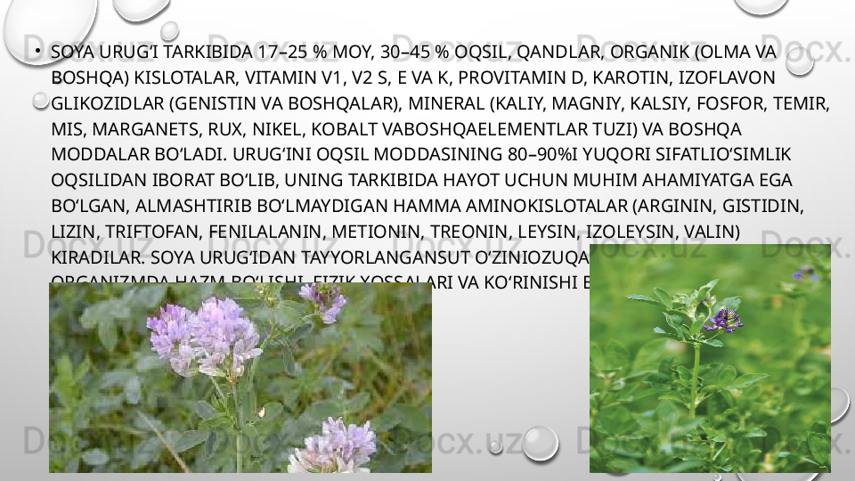 •
SOYA URUG‘I TARKIBIDA 17–25 % MOY, 30–45 % OQSIL, QANDLAR, ORGANIK (OLMA VA 
BOSHQA) KISLOTALAR, VITAMIN V1, V2 S, E VA K, PROVITAMIN D, KAROTIN, IZOFLAVON 
GLIKOZIDLAR (GENISTIN VA BOSHQALAR), MINERAL (KALIY, MAGNIY, KALSIY, FOSFOR, TEMIR, 
MIS, MARGANETS, RUX, NIKEL, KOBALT VABOSHQAELEMENTLAR TUZI) VA BOSHQA 
MODDALAR BO‘LADI. URUG‘INI OQSIL MODDASINING 80–90%I YUQORI SIFATLIO‘SIMLIK 
OQSILIDAN IBORAT BO‘LIB, UNING TARKIBIDA HAYOT UCHUN MUHIM AHAMIYATGA EGA 
BO‘LGAN, ALMASHTIRIB BO‘LMAYDIGAN HAMMA AMINOKISLOTALAR (ARGININ, GISTIDIN, 
LIZIN, TRIFTOFAN, FENILALANIN, METIONIN, TREONIN, LEYSIN, IZOLEYSIN, VALIN) 
KIRADILAR. SOYA URUG‘IDAN TAYYORLANGANSUT O‘ZINIOZUQALIGI VA TO‘YIMLILIGI, 
ORGANIZMDA HAZM BO‘LISHI, FIZIK XOSSALARI VA KO‘RINISHI BO‘YICHASIGIRSUTIDAN 
FARQ QILMAYDI. 
