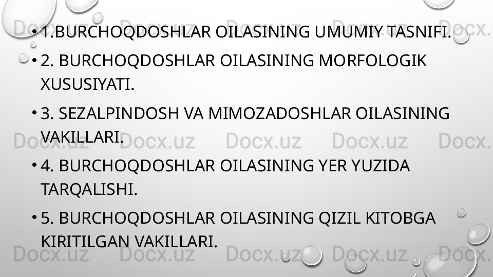 •
1.BURCHOQDOSHLAR OILASINING UMUMIY TASNIFI.
•
2. BURCHOQDOSHLAR OILASINING MORFOLOGIK 
XUSUSIYATI.
•
3. SEZALPINDOSH VA MIMOZADOSHLAR OILASINING 
VAKILLARI.
•
4. BURCHOQDOSHLAR OILASINING YER YUZIDA 
TARQALISHI.
•
5. BURCHOQDOSHLAR OILASINING QIZIL KITOBGA 
KIRITILGAN VAKILLARI.  