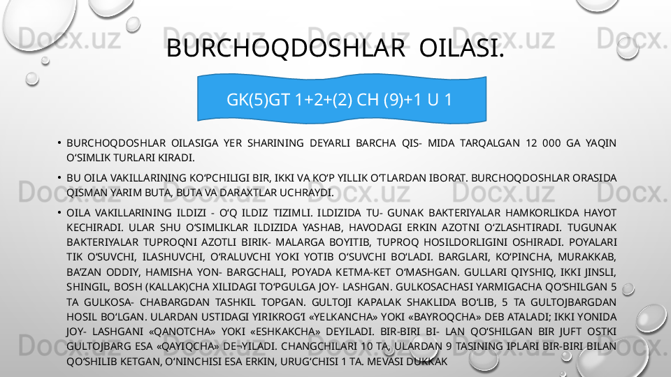 BURCHOQDOSHLAR  OILASI.
•
BURCHOQDOSHLAR  OILASIGA  YER  SHARINING  DEYARLI  BARCHA  QIS-  MIDA  TARQALGAN  12  000  GA  YAQIN 
O‘SIMLIK TURLARI KIRADI.
•
BU OILA VAKILLARINING KO‘PCHILIGI BIR, IKKI VA KO‘P YILLIK O‘TLARDAN IBORAT. BURCHOQDOSHLAR ORASIDA 
QISMAN YARIM BUTA, BUTA VA DARAXTLAR UCHRAYDI.
•
OILA  VAKILLARINING  ILDIZI  -  O‘Q  ILDIZ  TIZIMLI.  ILDIZIDA  TU-  GUNAK  BAKTERIYALAR  HAMKORLIKDA  HAYOT 
KECHIRADI.  ULAR  SHU  O‘SIMLIKLAR  ILDIZIDA  YASHAB,  HAVODAGI  ERKIN  AZOTNI  O‘ZLASHTIRADI.  TUGUNAK 
BAKTERIYALAR  TUPROQNI  AZOTLI  BIRIK-  MALARGA  BOYITIB,  TUPROQ  HOSILDORLIGINI  OSHIRADI.  POYALARI 
TIK  O‘SUVCHI,  ILASHUVCHI,  O‘RALUVCHI  YOKI  YOTIB  O‘SUVCHI  BO‘LADI.  BARGLARI,  KO‘PINCHA,  MURAKKAB, 
BA’ZAN  ODDIY,  HAMISHA  YON-  BARGCHALI,  POYADA  KETMA-KET  O‘MASHGAN.  GULLARI  QIYSHIQ,  IKKI  JINSLI, 
SHINGIL, BOSH (KALLAK)CHA  XILIDAGI  TO‘PGULGA JOY-  LASHGAN. GULKOSACHASI YARMIGACHA QO‘SHILGAN 5 
TA  GULKOSA-  CHABARGDAN  TASHKIL  TOPGAN.  GULTOJI  KAPALAK  SHAKLIDA  BO‘LIB,  5  TA  GULTOJBARGDAN 
HOSIL  BO‘LGAN. ULARDAN USTIDAGI  YIRIKROG‘I «YELKANCHA»  YOKI  «BAYROQCHA»  DEB ATALADI; IKKI YONIDA 
JOY-  LASHGANI  «QANOTCHA»  YOKI  «ESHKAKCHA»  DEYILADI.  BIR-BIRI  BI-  LAN  QO‘SHILGAN  BIR  JUFT  OSTKI 
GULTOJBARG  ESA  «QAYIQCHA»  DE¬YILADI.  CHANGCHILARI  10  TA,  ULARDAN  9  TASINING  IPLARI  BIR-BIRI  BILAN 
QO‘SHILIB KETGAN, O‘NINCHISI ESA ERKIN, URUG‘CHISI 1 TA. MEVASI DUKKAK GK(5)GT 1+2+(2) CH (9)+1 U 1  