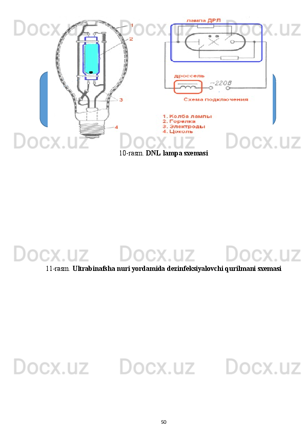10-rasm.  DNL lampa sxemasi
11-rasm.  Ultrabinafsha nuri yordamida dezinfeksi yalovchi qurilmani sxemasi
50DrosselManba
220v Simob
lampasi
125W 