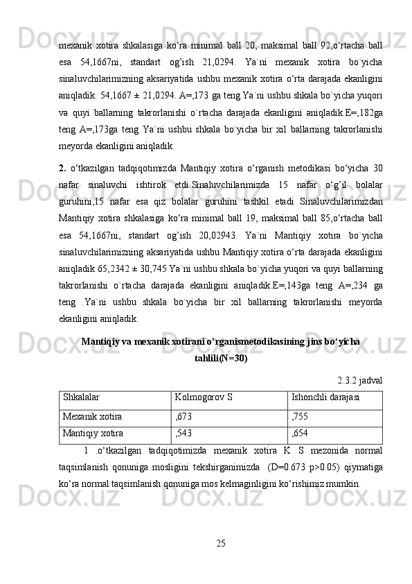 mexanik   xotira   shkalasiga   ko ‘ ra   minimal   ball   20,   maksimal   ball   92, o ‘ rtacha   ball
esa   54,1667 ni ,   standart   og ’ ish   21,0294.   Ya ` ni   mexanik   xotira   bo ` yicha
sinaluvchilarimizning   aksariyatida   ushbu   mexanik   xotira   o ‘ rta   darajada   ekanligini
aniqladik .  54,1667  ±  21,0294 .   A =,173  ga   teng . Ya ` ni   ushbu   shkala   bo ` yicha   yuqori
va   quyi   ballarning   takrorlanishi   o ` rtacha   darajada   ekanligini   aniqladik . E =,182 ga
teng   A =,173 ga   teng   Ya ` ni   ushbu   shkala   bo ` yicha   bir   xil   ballarning   takrorlanishi
meyorda   ekanligini   aniqladik . 
2.   o ‘ tkazilgan   tadqiqotimizda   Mantiqiy   xotira   o ‘ rganish   metodikasi   bo ‘ yicha   30
nafar   sinaluvchi   ishtirok   etdi . Sinaluvchilarimizda   15   nafar   o ‘ g ’ il   bolalar
guruhini ,15   nafar   esa   qiz   bolalar   guruhini   tashkil   etadi   Sinaluvchilarimizdan
Mantiqiy   xotira   shkalasiga   ko ‘ ra   minimal   ball   19,   maksimal   ball   85, o ‘ rtacha   ball
esa   54,1667 ni ,   standart   og ’ ish   20,02943 .   Ya ` ni   Mantiqiy   xotira   bo ` yicha
sinaluvchilarimizning   aksariyatida   ushbu   Mantiqiy   xotira   o ‘ rta   darajada   ekanligini
aniqladik   65,2342  ±  30,745  Ya ` ni   ushbu   shkala   bo ` yicha   yuqori   va   quyi   ballarning
takrorlanishi   o ` rtacha   darajada   ekanligini   aniqladik . E =,143 ga   teng   A =,234   ga
teng   . Ya ` ni   ushbu   shkala   bo ` yicha   bir   xil   ballarning   takrorlanishi   meyorda
ekanligini   aniqladik . 
Mantiqiy va mexanik xotirani o‘rganismetodikasining  jins bo‘yicha
tahlili(N=30)
2.3.2 jadval
Shkalalar Kolmogorov S Ishonchli darajasi
Mexanik xotira ,673 ,755
Mantiqiy xotira  ,543 ,654
1   . o ‘ tkazilgan   tadqiqotimizda   mexanik   xotira   K   S   mezonida   normal
taqsimlanish   qonuniga   mosligini   tekshirganimizda     ( D =0.673   p >0.05)   qiymatiga
ko ‘ ra   normal   taqsimlanish   qonuniga   mos   kelmaginligini   ko ‘ rishimiz   mumkin .     
25 