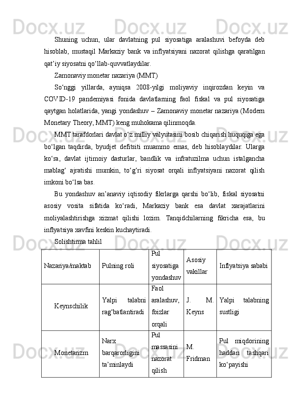 Shuning   uchun,   ular   davlatning   pul   siyosatiga   aralashuvi   befoyda   deb
hisoblab,   mustaqil   Markaziy   bank   va   inflyatsiyani   nazorat   qilishga   qaratilgan
qat’iy siyosatni qo‘llab-quvvatlaydilar.
Zamonaviy monetar nazariya (MMT)
So‘nggi   yillarda,   ayniqsa   2008-yilgi   moliyaviy   inqirozdan   keyin   va
COVID-19   pandemiyasi   fonida   davlatlarning   faol   fiskal   va   pul   siyosatiga
qaytgan holatlarida, yangi yondashuv – Zamonaviy monetar nazariya (Modern
Monetary Theory, MMT) keng muhokama qilinmoqda.
MMT tarafdorlari davlat o‘z milliy valyutasini bosib chiqarish huquqiga ega
bo‘lgan   taqdirda,   byudjet   defitsiti   muammo   emas,   deb   hisoblaydilar.   Ularga
ko‘ra,   davlat   ijtimoiy   dasturlar,   bandlik   va   infratuzilma   uchun   istalgancha
mablag‘   ajratishi   mumkin,   to‘g‘ri   siyosat   orqali   inflyatsiyani   nazorat   qilish
imkoni bo‘lsa bas.
Bu   yondashuv   an’anaviy   iqtisodiy   fikrlarga   qarshi   bo‘lib,   fiskal   siyosatni
asosiy   vosita   sifatida   ko‘radi,   Markaziy   bank   esa   davlat   xarajatlarini
moliyalashtirishga   xizmat   qilishi   lozim.   Tanqidchilarning   fikricha   esa,   bu
inflyatsiya xavfini keskin kuchaytiradi.
Solishtirma tahlil
Nazariya/maktab Pulning roli Pul
siyosatiga
yondashuv Asosiy
vakillar Inflyatsiya sababi
Keynschilik Yalpi   talabni
rag‘batlantiradi Faol
aralashuv,
foizlar
orqali J.   M.
Keyns Yalpi   talabning
sustligi
Monetarizm Narx
barqarorligini
ta’minlaydi Pul
massasini
nazorat
qilish M.
Fridman Pul   miqdorining
haddan   tashqari
ko‘payishi 