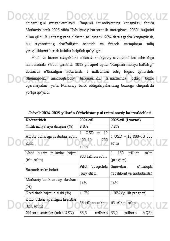 chidamligini   mustahkamlaydi.   Raqamli   iqtisodiyotning   kengayishi   fonida
Markaziy  bank  2025-yilda  “Moliyaviy   barqarorlik  strategiyasi–2030”  hujjatini
e’lon qildi. Bu strategiyada elektron to‘lovlarni 90% darajagacha kengaytirish,
pul   siyosatining   shaffofligini   oshirish   va   fintech   startaplarga   soliq
yengilliklarini berish kabilar belgilab qo‘yilgan.
Aholi   va   biznes   subyektlari   o‘rtasida   moliyaviy   savodxonlikni   oshirishga
ham   alohida   e’tibor   qaratildi.   2025-yil   aprel   oyida   "Raqamli   moliya   haftaligi"
doirasida   o‘tkazilgan   tadbirlarda   1   milliondan   ortiq   fuqaro   qatnashdi.
Shuningdek,   makroiqtisodiy   barqarorlikni   ta’minlashda   ochiq   bozor
operatsiyalari,   ya’ni   Markaziy   bank   obligatsiyalarining   bozorga   chiqarilishi
yo‘lga qo‘yildi.
Jadval: 2024–2025-yillarda O‘zbekiston pul tizimi asosiy ko‘rsatkichlari
Ko‘rsatkich 2024-yil 2025-yil (I yarmi)
Yillik inflyatsiya darajasi (%) 8.0% 7.8%
AQSh   dollariga   nisbatan   so‘m
kursi 1   USD   =   12
400–12   700
so‘m 1   USD   =   12   800–13   200
so‘m
Naqd   pulsiz   to‘lovlar   hajmi
(trln so‘m) 900 trillion so‘m 1   150   trillion   so‘m
(prognoz)
Raqamli so‘m holati Pilot   bosqichda
joriy etildi Sinovdan   o‘tmoqda
(Toshkent va hududlarda)
Markaziy   bank   asosiy   stavkasi
(%) 14% 14%
Kreditlash hajmi o‘sishi (%) +17% +20% (yillik prognoz)
KOB uchun ajratilgan kreditlar
(trln so‘m) 53 trillion so‘m 65 trillion so‘m
Xalqaro zaxiralar (mlrd USD) 33,5   milliard 35,2   milliard   AQSh 