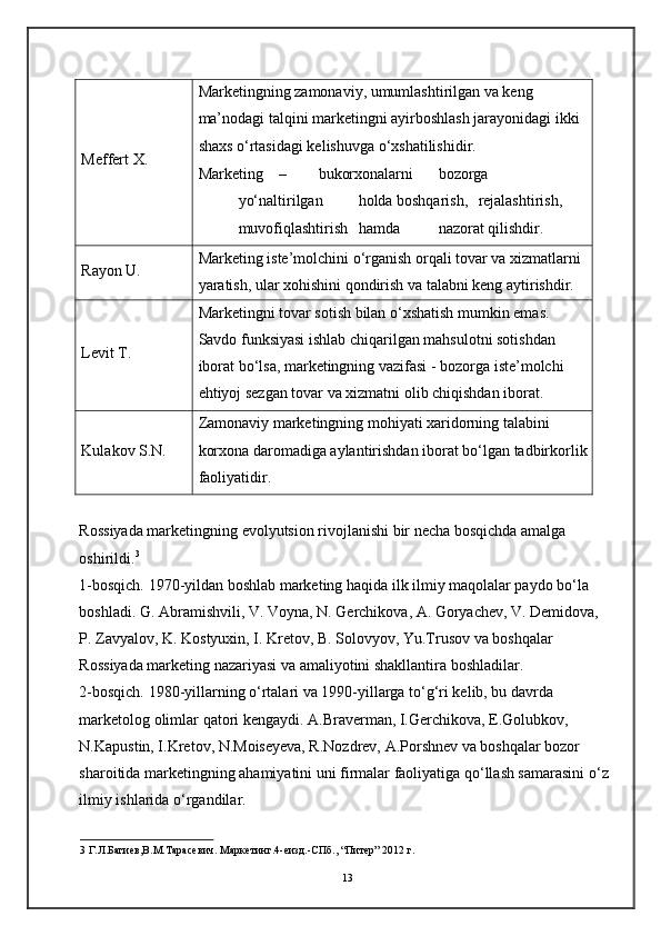 Meffert X.  Marketingning zamonaviy, umumlashtirilgan va keng 
ma’nodagi talqini marketingni ayirboshlash jarayonidagi ikki 
shaxs o‘rtasidagi kelishuvga o‘xshatilishidir. 
Marketing  –  bukorxonalarni  bozorga 
yo‘naltirilgan  holda boshqarish,  rejalashtirish, 
muvofiqlashtirish  hamda  nazorat qilishdir. 
Rayon U.  Marketing iste’molchini o‘rganish orqali tovar va xizmatlarni 
yaratish, ular xohishini qondirish va talabni keng aytirishdir. 
Levit T.  Marketingni tovar sotish bilan o‘xshatish mumkin emas. 
Savdo funksiyasi ishlab chiqarilgan mahsulotni sotishdan 
iborat bo‘lsa, marketingning vazifasi - bozorga iste’molchi 
ehtiyoj sezgan tovar va xizmatni olib chiqishdan iborat. 
Kulakov S.N.  Zamonaviy marketingning mohiyati xaridorning talabini 
korxona daromadiga aylantirishdan iborat bo‘lgan tadbirkorlik 
faoliyatidir. 
Rossiyada marketingning evolyutsion rivojlanishi bir necha bosqichda amalga 
oshirildi. 3
1-bosqich. 1970-yildan boshlab marketing haqida ilk ilmiy maqolalar paydo bo‘la 
boshladi. G. Abramishvili, V. Voyna, N. Gerchikova, A. Goryachev, V. Demidova, 
P. Zavyalov, K. Kostyuxin, I. Kretov, B. Solovyov, Yu.Trusov va boshqalar 
Rossiyada marketing nazariyasi va amaliyotini shakllantira boshladilar. 
2-bosqich. 1980-yillarning o‘rtalari va 1990-yillarga to‘g‘ri kelib, bu davrda 
marketolog olimlar qatori kengaydi. A.Braverman, I.Gerchikova, E.Golubkov, 
N.Kapustin, I.Kretov, N.Moiseyeva, R.Nozdrev, A.Porshnev va boshqalar bozor 
sharoitida marketingning ahamiyatini uni firmalar faoliyatiga qo‘llash samarasini o‘z
ilmiy ishlarida o‘rgandilar.  
3  Г.Л.Багиев,В.M.Taрасевич. Маркетинг.4-eизд.-СПб., “Питер” 2012 г.
13 