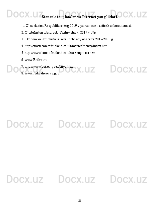 Statistik to’ plamlar va Internet yangiliklari.
 1. O’ zbekiston Respublikasining 2019 y yanvar-mart statistik axborotnomasi. 
2. O’ zbekiston iqtisdiyoti. Taxliiy sharx. 2019 y. №7 
3. Ekonomika Uzbekistana. Analiticheskiy obzor za 2019-2020 g. 
4. http://www.bankofendland.co.uk/market/money/index.htm 
5. http://www.bankofendland.co.uk/coreuproses.htm 
6. www.Referat.ru 
7. http://www.boj.or.jp./en/siryo.htm 
8. www.federalreserve.gov.
36 