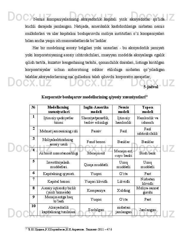 Nemis   kompaniyalarining   aksiyadorlik   kapitali   yirik   aksiyadorlar   qo’lida
kuchli   darajada   jamlangan.   Natijada,   amerikalik   kasbdoshlariga   nisbatan   nemis
mulkdorlari   va   ular   kapitalini   boshqaruvchi   moliya   institutlari   o’z   kompaniyalari
bilan ancha   yaqin   ish   munosabatlarida   bo’ladilar.
Har   bir   modelning   asosiy   belgilari   yoki   unsurlari   -   bu   aksiyadorlik   jamiyati
yoki korporatsiyaning asosiy  ishtirokchilari, muayyan modelda aksiyalarga  egalik
qilish tartibi, kuzatuv kengashining tarkibi, qonunchilik doiralari, listinga kiritilgan
korporatsiyalar   uchun   axborotning   oshkor   etilishiga   nisbatan   qo’yiladigan
talablar,aksiyadorlarning   ma’qullashini   talab   qiluvchi   korporativ   xarajatlar;
5 -jadval
Korporativ boshqaruv modellarining qiyosiy   xususiyatlari 14№	Modellarning	 
xususiyatlari Ingliz-Amerika
modeli Nemis
modeli Yapon
modeli	
1
Ijtimoiy  qadriyatlar
tizimi	Shaxsiyatparastlik,	  tanlov   erkinligi Ijtimoiy  
hamkorlik Hamkorlik   va
ishonch	
2
Mehnat   jamoasining   roli Passiv Faol Faol  
ishtirokchilik
3	Moliyalashtirishning	 
asosiy   usuli Fond   bozori Banklar Banklar	
4
Axborot   nomutanosibligi Menejment Menejment,
«uy»   banki Bosh   bank
5	Investitsiyalash	 
muddatlari Qisqa   muddatli Uzoq  
muddatli Uzoq  
muddatli	
6
Kapitalning   qiymati Yuqori O’rta Past
7
Kapital   bozori Yuqori   likvidli Likvidli Nisbatan
likvidli
8
Asosiy   iqtisodiy   birlik
(yirik   biznesda) Kompaniya Xolding Moliya-sanoat
guruhi
9
Menejmentga   haq
to’lash Yuqori O’rta Past
10
Aksiyadorlik  
kapitalining   tuzilmasi Sochilgan nisbatan  
jamlangan Jamlangan
14
  6
Б.Ю.Ҳодиев,Р.Х.Карлибаева,Н.И.Акрамова.   Тошкент-2011   –   47   б 