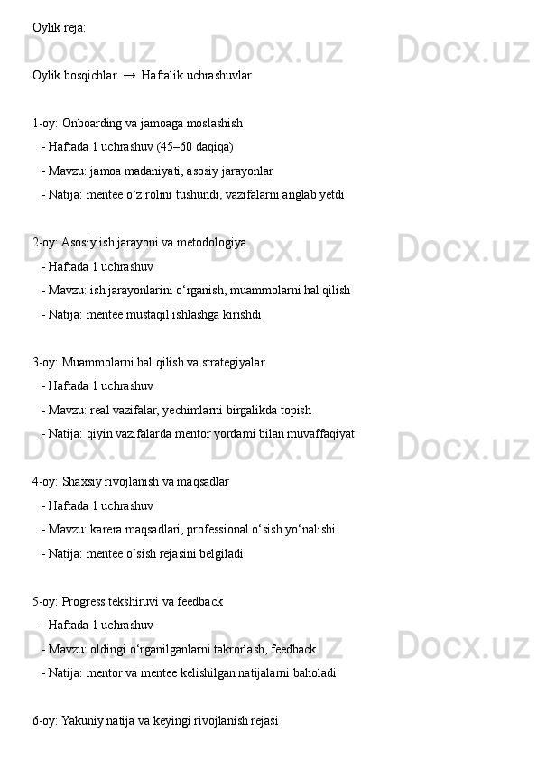 Oylik reja:
Oylik bosqichlar  →  Haftalik uchrashuvlar
1-oy: Onboarding va jamoaga moslashish
   - Haftada 1 uchrashuv (45–60 daqiqa)
   - Mavzu: jamoa madaniyati, asosiy jarayonlar
   - Natija: mentee o‘z rolini tushundi, vazifalarni anglab yetdi
2-oy: Asosiy ish jarayoni va metodologiya
   - Haftada 1 uchrashuv
   - Mavzu: ish jarayonlarini o‘rganish, muammolarni hal qilish
   - Natija: mentee mustaqil ishlashga kirishdi
3-oy: Muammolarni hal qilish va strategiyalar
   - Haftada 1 uchrashuv
   - Mavzu: real vazifalar, yechimlarni birgalikda topish
   - Natija: qiyin vazifalarda mentor yordami bilan muvaffaqiyat
4-oy: Shaxsiy rivojlanish va maqsadlar
   - Haftada 1 uchrashuv
   - Mavzu: karera maqsadlari, professional o‘sish yo‘nalishi
   - Natija: mentee o‘sish rejasini belgiladi
5-oy: Progress tekshiruvi va feedback
   - Haftada 1 uchrashuv
   - Mavzu: oldingi o‘rganilganlarni takrorlash, feedback
   - Natija: mentor va mentee kelishilgan natijalarni baholadi
6-oy: Yakuniy natija va keyingi rivojlanish rejasi 