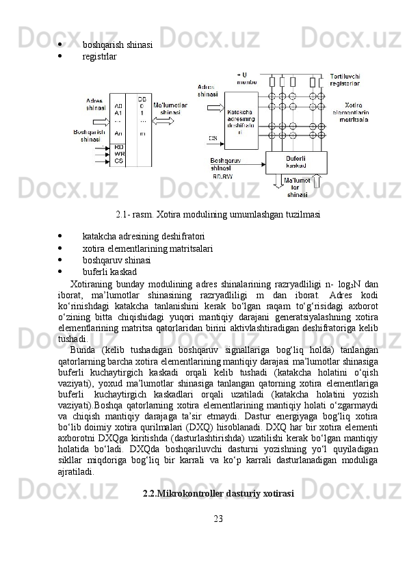  boshqarish   shinasi
 registrlar
2.1-   rasm. Xotira   modulining   umumlashgan   tuzilmasi
 katakcha   adresining   deshifratori
 xotira   elementlarining   matritsalari
 boshqaruv   shinasi
 buferli   kaskad
Xotiraning   bunday   modulining   adres   shinalarining   razryadliligi   n-   log
2 N   dan
iborat,   ma’lumotlar   shinasining   razryadliligi   m   dan   iborat.   Adres   kodi
ko‘rinishdagi   katakcha   tanlanishini   kerak   bo‘lgan   raqam   to‘g‘risidagi   axborot
o‘zining   bitta   chiqishidagi   yuqori   mantiqiy   darajani   generatsiyalashning   xotira
elementlarining   matritsa   qatorlaridan   birini   aktivlashtiradigan   deshifratoriga   kelib
tushadi.
Bunda   (kelib   tushadigan   boshqaruv   signallariga   bog‘liq   holda)   tanlangan
qatorlarning barcha xotira elementlarining mantiqiy darajasi   ma’lumotlar shinasiga
buferli   kuchaytirgich   kaskadi   orqali   kelib   tushadi   (katakcha   holatini   o‘qish
vaziyati),   yoxud   ma’lumotlar   shinasiga   tanlangan   qatorning   xotira   elementlariga
buferli   kuchaytirgich   kaskadlari   orqali   uzatiladi   (katakcha   holatini   yozish
vaziyati).Boshqa   qatorlarning   xotira   elementlarining   mantiqiy   holati   o‘zgarmaydi
va   chiqish   mantiqiy   darajaga   ta’sir   etmaydi.   Dastur   energiyaga   bog‘liq   xotira
bo‘lib   doimiy   xotira   qurilmalari   (DXQ)   hisoblanadi. DXQ har bir xotira elementi
axborotni  DXQga  kiritishda   (dasturlashtirishda)  uzatilishi  kerak bo‘lgan mantiqiy
holatida   bo‘ladi.   DXQda   boshqariluvchi   dasturni   yozishning   yo‘l   quyiladigan
sikllar   miqdoriga   bog‘liq   bir   karrali   va   ko‘p   karrali   dasturlanadigan   moduliga
ajratiladi.
2.2.Mikrokontroller   dasturiy   xotirasi
23