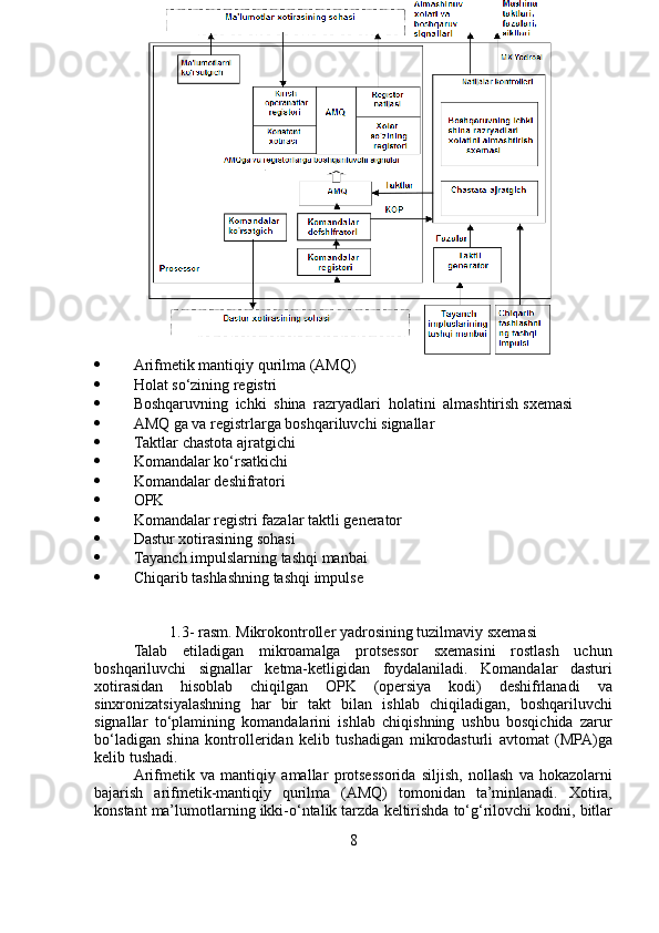  Arifmetik   mantiqiy   qurilma   (AMQ)
 Holat   so‘zining   registri
 Boshqaruvning   ichki   shina   razryadlari   holatini   almashtirish   sxemasi
 AMQ   ga   va   registrlarga   boshqariluvchi   signallar
 Taktlar   chastota   ajratgichi
 Komandalar   ko‘rsatkichi
 Komandalar   deshifratori
 OPK
 Komandalar   registri   fazalar   taktli   generator
 Dastur   xotirasining   sohasi
 Tayanch   impulslarning   tashqi   manbai
 Chiqarib   tashlashning   tashqi   impulse
1.3-   rasm.   Mikrokontroller yadrosining   tuzilmaviy   sxemasi
Talab   etiladigan   mikroamalga   protsessor   sxemasini   rostlash   uchun
boshqariluvchi   signallar   ketma-ketligidan   foydalaniladi.   Komandalar   dasturi
xotirasidan   hisoblab   chiqilgan   OPK   (opersiya   kodi)   deshifrlanadi   va
sinxronizatsiyalashning   har   bir   takt   bilan   ishlab   chiqiladigan,   boshqariluvchi
signallar   to‘plamining   komandalarini   ishlab   chiqishning   ushbu   bosqichida   zarur
bo‘ladigan   shina   kontrolleridan   kelib   tushadigan   mikrodasturli   avtomat   (MPA)ga
kelib   tushadi.
Arifmetik   va   mantiqiy   amallar   protsessorida   siljish,   nollash   va   hokazolarni
bajarish   arifmetik-mantiqiy   qurilma   (AMQ)   tomonidan   ta’minlanadi.   Xotira,
konstant   ma’lumotlarning   ikki-o‘ntalik   tarzda   keltirishda   to‘g‘rilovchi   kodni,   bitlar
8