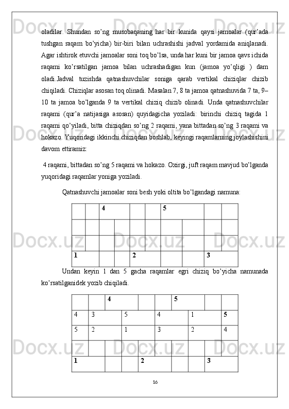 oladilar.   Shundan   so’ng   musobaqaning   har   bir   kunida   qaysi   jamoalar   (qur’ada
tushgan   raqam   bo’yicha)   bir-biri   bilan   uchrashishi   jadval   yordamida   aniqlanadi.
Agar ishtirok etuvchi jamoalar soni toq bo’lsa, unda har kuni bir jamoa qavs ichida
raqami   ko’rsatilgan   jamoa   bilan   uchrashadigan   kun   (jamoa   yo’qligi   )   dam
oladi.Jadval   tuzishda   qatnashuvchilar   soniga   qarab   vertikal   chiziqlar   chizib
chiqiladi. Chiziqlar asosan toq olinadi. Masalan 7, 8 ta jamoa qatnashuvida 7 ta, 9–
10   ta   jamoa   bo’lganda   9   ta   vertikal   chiziq   chizib   olinadi.   Unda   qatnashuvchilar
raqami   (qur’a   natijasiga   asosan)   quyidagicha   yoziladi:   birinchi   chiziq   tagida   1
raqami qo’yiladi, bitta chiziqdan so’ng 2 raqami, yana bittadan so’ng 3 raqami va
hokazo. Yuqoridagi ikkinchi chiziqdan boshlab, keyingi raqamlarning joylashishini
davom ettiramiz:
 4 raqami, bittadan so’ng 5 raqami va hokazo. Oxirgi, juft raqam mavjud bo’lganda
yuqoridagi raqamlar yoniga yoziladi.
Qatnashuvchi jamoalar soni besh yoki oltita bo’lgandagi namuna:
4 5
1 2 3
Undan   keyin   1   dan   5   gacha   raqamlar   egri   chiziq   bo’yicha   namunada
ko’rsatilganidek yozib chiqiladi.
4 5
4 3 5 4 1 5
5 2 1 3 2 4
1 2 3
16 