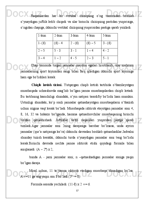 Raqamlardan   har   bir   vertikal   chiziqning   o’ng   tomonidan   boshlab
o’ynaydigan   juftlik   kelib   chiqadi   va   ular   birinchi   chiziqning   pastidan   yuqorisiga,
o’ngidan   chapiga, ikkinchi   vertikal   chiziqning   yuqorisidan   pastiga   qarab   yoziladi.
1 - kun 2 - kun 3 - kun 4 - kun 5 - kun
1- (6) (6) - 4 2 - (6) (6) – 5 3 - (6)
2 – 5 5 - 3 3 - 1 1 – 4 4 - 2
3 – 4 1 – 2 4 - 5 2 – 3 5 - 1
Chap   tomonda   turgan   jamoalar   maydon   egalari   hisoblanib,   ular   mehmon
jamoalarning   sport   kiyimidan   rangi   bilan   farq   qiladigan   ikkinchi   sport   kiyimiga
ham ega bo’lishlari kerak.
Chiqib   ketish   tizimi.   Yutqazgan   chiqib   ketish   tartibida   o’tkazilayotgan
musobaqada   uchrashuvda   mag’lub   bo’lgan   jamoa   musobaqalardan   chiqib   ketadi.
Bu   tartibning   kamchiligi   shundaki,   o’yin   natijasi   tasodifiy   bo’lishi   ham   mumkin.
Ustunligi   shundaki,   ko’p   sonli   jamoalar   qatnashayotgan   musobaqalarni   o’tkazish
uchun ozgina vaqt kerak bo’ladi. Musobaqada ishtirok etayotgan jamoalar soni 4,
8,   16,   32   va   hokazo   bo’lganda,   hamma   qatnashuvchilar   musobaqaning   birinchi
turidan   qatnashishadi.   Juftliklar   tartib   raqamlari   yuqoridan   pastga   qarab
tuziladi.Agar   jamoalar   soni   2ning   darajasiga   barobar   bo’lmasa,   unda   ayrim
jamoalar (qur’a   natijasiga   ko’ra) ikkinchi   davradan   boshlab   qatnashadilar.Jadvalni
shunday   tuzish   kerakki,   ikkinchi   turda   o’ynaydigan   jamoalar   soni   teng   bo’lishi
kerak.Birinchi   davrada   nechta   jamoa   ishtirok   etishi   quyidagi   formula   bilan
aniqlanadi: (A – 2 n
) x 2,
bunda   A   -   jami   jamoalar   soni;   n   –qatnashadigan   jamoalar   soniga   yaqin
bo’lgan daraja.
Misol   uchun,   11   ta   jamoa   ishtirok   etadigan   musobaqa   olinadigan   bo’lsa:
A = = 11  ga eng yaqin son 8 bo’ladi (2 3 
=
= 8).
Formula asosida yechiladi: (11-8) x 2  = = 6.
17 