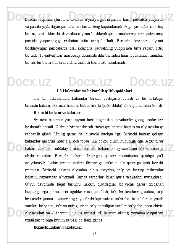 Barcha  raqamlar   (birinchi   davrada  o’ynaydigan  raqamlar  ham)   jadvalda  yuqorida
va pastda joylashgan jamoalar o’rtasida teng taqsimlanadi. Agar jamoalar soni toq
bo’lsa, unda ikkinchi davradan o’yinni boshlaydigan jamoalarning soni jadvalning
pastida   yuqoridagiga   nisbatan   bitta   ortiq   bo’ladi.   Birinchi   davradan   o’yinni
boshlaydigan   jamoalarda   esa,   aksincha,   jadvalning   yuqorisida   bitta   raqam   ortiq
bo’ladi (10-jadval).Bir musobaqa doirasida ikki tizimdan ham foydalanish mumkin
bo’lib, bu tizim shartli ravishda aralash tizim deb nomlanadi. 
1.3 Hakamlar va hakamlik qilish qoidalari
Har   bir   uchrashuvni   hakamlar   tarkibi   boshqarib   boradi   va   bu   tarkibga:
birinchi hakam; ikkinchi hakam; kotib; to’rtta (yoki ikkita) chiziq hakamlari kiradi.
Birinchi hakam vakolatlari
Birinchi   hakam   o’yin   jarayoni   boshlanganidan   to   yakunlanguniga   qadar   uni
boshqarib boradi. U shu o’yinda ishtirok etayotgan barcha hakam va o’yinchilarga
rahbarlik   qiladi.   Uning   qarori   hal   qiluvchi   kuchga   ega.   Birinchi   hakam   qolgan
hakamlar   qarorini   noto’g’ri   deb   topsa,   uni   bekor   qilish   huquqiga   ega.   Agar   biror
hakam vazifasini  uddalay olmasa, birinchi hakam  uning vazifasini  o’z zimmasiga
olishi   mumkin.   Birinchi   hakam   chiqargan   qarorni   muhokama   qilishga   yo’l
qo’yilmaydi.   Lekin   jamoa   sardori   iltimosiga   ko’ra   u   o’z   qaroriga   izoh   berishi
mumkin.   Birinchi   hakam   o’yindan   oldin   maydon,   to’p   va   boshqa   uskunalar
holatini  nazoratdan  o’tkazadi.  Jamoa  sardorlari  bilan  qur’a   tashlashni  uyushtiradi.
O’yin   davomida   faqat   birinchi   hakam   quyidagilar   bo’yicha   qaror   chiqarish
huquqiga   ega:   jamoalarni   ogohlantirish;   jazolash;   to’p   kirituvchining   xatosi;   to’p
kirituvchi   jamoa   a’zolarining   joylashishidagi   xatosi   bo’yicha;   to’p   bilan   o’ynash
xatolari bo’yicha; to’r va uning ustida ro’y beradigan xatolar bo’yicha; orqa chiziq
o’yinchilari   va   «Libero»ni   hujum   zarbasi;   «Libero»ni   oldingi   zonadan   yuqoridan
uzatilgan to’piga hujum zarbasi qo’llanilganda.
Ikkinchi hakam vakolatlari
19 