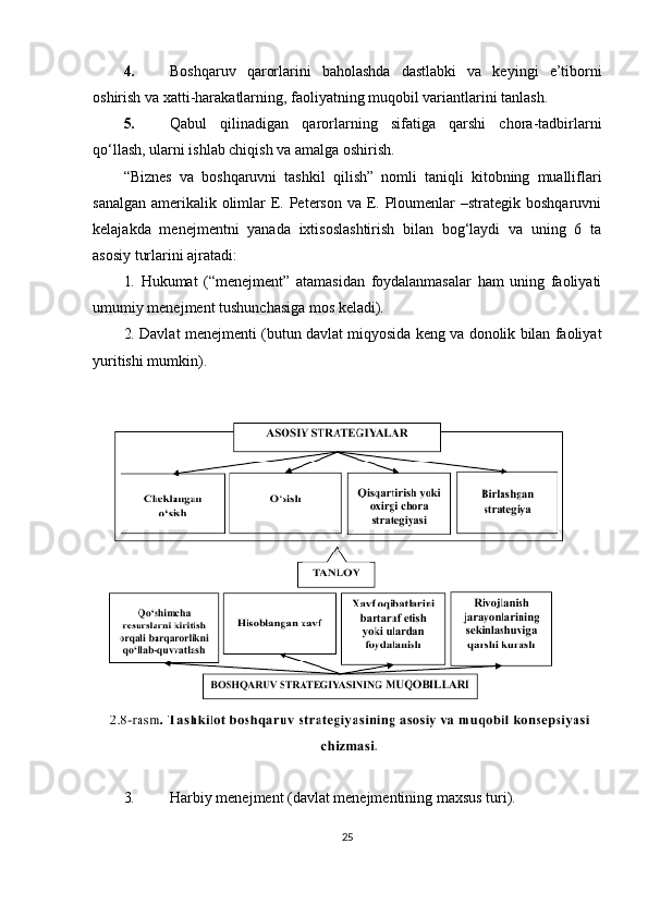 4. Boshqaruv   qarorlarini   baholashda   dastlabki   va   keyingi   e’tiborni
oshirish va xatti-harakatlarning, faoliyatning muqobil variantlarini tanlash.
5. Qabul   qilinadigan   qarorlarning   sifatiga   qarshi   chora-tadbirlarni
qo‘llash, ularni ishlab chiqish va amalga oshirish.
“Biznes   va   boshqaruvni   tashkil   qilish”   nomli   taniqli   kitobning   mualliflari
sanalgan amerikalik olimlar E. Peterson va E. Ploumenlar  –strategik boshqaruvni
kelajakda   menejmentni   yanada   ixtisoslashtirish   bilan   bog‘laydi   va   uning   6   ta
asosiy turlarini ajratadi:
1.   Hukumat   (“menejment”   atamasidan   foydalanmasalar   ham   uning   faoliyati
umumiy menejment tushunchasiga mos keladi).
2.  Davlat menejmenti (butun davlat miqyosida keng va donolik bilan faoliyat
yuritishi mumkin).
3. Harbiy menejment (davlat menejmentining maxsus turi).
25 