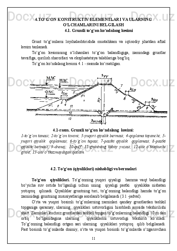 4.T О ‘ G‘ ON KONSTRUKTIV ELEMENTLARI VA ULARNING
О ‘LCHAMLARINI BELGILASH
4 .1. Grunt li  tо‘g‘on kо‘ndalang kesimi
Grunt   tо‘g‘onlarni   loyihalashtirishda   mustahkam   va   iqtisodiy   jihatdan   afzal
kesim tanlanadi. 
Tо‘g‘on   kesimining   о‘lchamlari   tо‘g‘on   balandligiga,   zamindagi   gruntlar
tavsifiga, qurilish sharoitlari va ekspluatatsiya talablariga bog‘liq . 
T о ‘ g‘ on k о ‘ndalang kesimi 4.1 - rasmda k о ‘rsatilgan.
4.1 -rasm.  Gruntli tо‘g‘on kо‘ndalang   kesimi :
1-tо‘g‘on tanasi; 2-tо‘g‘on tovoni; 3-yuqori qiyalik bermasi; 4-qoplama tayanchi; 5-
yuqori   qiyalik     qoplamasi;   6-tо‘g‘on   tepasi;   7-pastki   qiyalik     qoplamasi;   8-pastki
qiyalik   bermasi;   9-drenaj;   10-qulf;   11-gruntning   tabiiy   yuzasi;   12-suv   о‘tkazuvchi
grunt; 13-suv о‘tkazmaydigan qatlam.
4. 2 . T о ‘ g‘ on ( q iyaliklari) nishabligi va bermalari
Tо‘g‘on     qiyaliklari.   Tо‘g‘onning   yuqori   qiyaligi     hamma   vaqt   balandligi
bо‘yicha   suv   ostida   bо‘lganligi   uchun   uning     qiyaligi   pastki     qiyalikka   nisbatan
yotiqroq     qilinadi.   Qiyaliklar   gruntning   turi,   tо‘g‘onning   balandligi   hamda   tо‘g‘on
zaminidagi gruntning xususiyatlariga asoslanib belgilanadi (3.1 -jadval). 
О‘rta   va   yuqori   bosimli   tо‘g‘onlarning   zaminlari   qanday   gruntlardan   tashkil
topganiga   qaramay,   ularning     qiyaliklari   ustuvorligini   hisoblash   asosida   tekshirilishi
shart. Zaminlari kuchsiz gruntlardan tashkil topgan tо‘g‘onlarning balandligi 10 m dan
ortiq     bо‘lganidagina   ularning     qiyaliklarini   ustuvorligi   tekshirib   kо‘riladi.
Tо‘g‘onning   balandligi   ortgan   sari   ularning     qiyaliklari   yotiqroq     qilib   belgilanadi.
Past   bosimli   tо‘g‘onlarda   doimiy,   о‘rta   va   yuqori   bosimli   tо‘g‘onlarda   о‘zgaruvchan
11