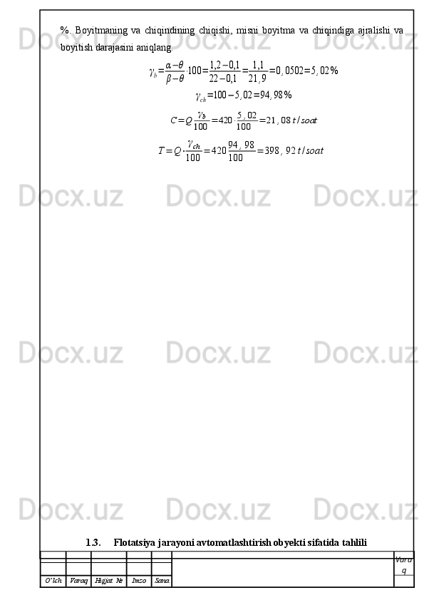 %.   Boyitmaning   va   chiqindining   chiqishi,   misni   boyitma   va   chiqindiga   ajralishi   va
boyitish darajasini aniqlang.γb=	α−	θ	
β−	θ
⋅100	=	1,2	−	0,1	
22	−	0,1	
=	1,1
21	,9
=	0,0502	=	5,02	%	
γch=	100	−	5,02	=	94	,98	%	
C	=	Q	
γb	
100	=	420	⋅5,02	
100	=	21	,08	t/soat
                            	
Т=	Q⋅	
γch	
100	=	420	94	,98	
100	=	398	,92	t/soat
    
1. 3 .  Flotatsiya jarayoni avtomatlashtirish obyekti sifatida tahlili
Vara
q
O ’ lch Varaq Hujjat   № Imzo Sana 