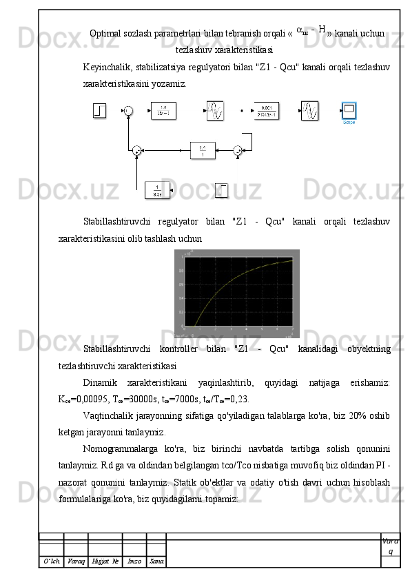 Optimal sozlash parametrlari bilan tebranish orqali «  Н
ш 
» kanali uchun
tezlashuv xarakteristikasi
Keyinchalik, stabilizatsiya regulyatori bilan "Z1 - Qcu" kanali orqali tezlashuv
xarakteristikasini yozamiz.
Stabillashtiruvchi   regulyator   bilan   "Z1   -   Qcu"   kanali   orqali   tezlashuv
xarakteristikasini olib tashlash uchun
Stabillashtiruvchi   kontroller   bilan   "Z1   -   Qcu"   kanalidagi   obyektning
tezlashtiruvchi xarakteristikasi
Dinamik   xarakteristikani   yaqinlashtirib,   quyidagi   natijaga   erishamiz:
K
co =0,00095, T
co =30000s, t
co =7000s, t
co /T
co =0,23.
Vaqtinchalik jarayonning sifatiga qo'yiladigan talablarga ko'ra, biz 20% oshib
ketgan jarayonni tanlaymiz.
Nomogrammalarga   ko'ra,   biz   birinchi   navbatda   tartibga   solish   qonunini
tanlaymiz. Rd ga va oldindan belgilangan tco/Tco nisbatiga muvofiq biz oldindan PI -
nazorat   qonunini   tanlaymiz.   Statik   ob'ektlar   va   odatiy   o'tish   davri   uchun   hisoblash
formulalariga ko'ra, biz quyidagilarni topamiz:
Vara
q
O ’ lch Varaq Hujjat   № Imzo Sana