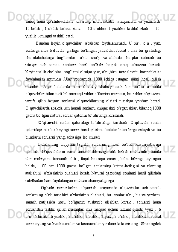 sanoq   hona   qo’shiluvchilari     orasidagi   munosabatni     aniqlashadi   va   yozishadi.
10-birlik   ,   1-o’nlik   tashkil   etadi         10-o’nlikni   1-yuzlikni   tashkil   etadi         10-
yuzlik 1-mingni tashkil etadi.  
Bundan   keyin   o’quvchilar     abakdan   foydalanishadi.   U   bir   ,   o’n   ,   yuz,
sonlarga   mos   keluvchi   grafaga   bo’lingan   jadvaldan   iborat   .   Har   bir   grafadagi
cho’ntakchalarga   bog’lamlar   –o’nta   cho’p   va   alohida   cho’plar   solinadi   bu
istagan   uch   xonali   sonlarni   hosil   bo’lishi   haqida   aniq   ta’savvur   beradi.
Keyinchalik cho’plar   bog’lami o’rniga yuz, o’n ,birni tasvirlovchi kartochkalar
foydalanish   mumkin   .Ular   yordamida   1000   ichida   istagan   sonni   hosil   qilish
mumkin   .Agar   bolalarda   ham   shunday   shahsiy   abak   bor   bo’lsa   u   holda
o’quvchilar bilan turli hil mustaqil ishlar o’tkazish mumkin, bu  ishlar o’qituvchi
vazifa   qilib   bergan   sonlarni   o’quvchilarning   o’zlari   tuzishga   yordam   beradi
O’quvchilarda abakda uch honali sonlarni chiqarishni o’rganishlari bilanoq 1000
gacha bo’lgan natural sonlar qatorini to’ldirishga kirishadi.
  O’qituvchi   sonlar   qatoridagi   to’ldirishga   kirishadi.   O’qituvchi   sonlar
qatoridagi har bir keyingi sonni hosil qilishni   bolalar bilan birga eslaydi va bu
bilmlarni sonlarni yangi sohasiga  ko’chiradi. 
            Bolalarning   diqqatini   tegishli   sonlarning   hosil   bo’lish   xususiyatlariga
qaratish.   O’quvchilarni   zarur   umumlashtirishga   olib   kelish   muhumdir,   bunda
ular   mohiyatni   tushunib   olib   ,   faqat   hotiraga   emas   ,   balki   bilimga   tayangan
holda,     100   dan   1000   gacha   bo’lgan   sonlarning   ketma-ketligini   va   ularning
atalishini     o’zlashtirib   olishlari   kerak.   Natural   qatordagi   sonlarni   hosil   qilishda
ruletkadan ham foydalangan muhum ahamiyatga ega. 
            Og’zaki   nomerlashni   o’rganish   jarayonoda   o’quvchilar   uch   xonali
sonlarning   o’nli   tarkibini   o’zlashtirib   olishlari,   bu     sonlar   o’n   ,   bir   va   yuzlarni
sanash   natijasida   hosil   bo’lganini   tushunib   olishlari   kerak   .   sonlarni   hona
sonlaridan   tashkil   qilish   mashqlari   shu   maqsad   uchun   hizmat   qiladi;   4yuz   ,     6
o’n , 5 birlik , 6 yuzlik , 5 o’nlik , 3 birlik , 2 yuz , 5 o’nlik , 2 birlikdan   iborat
sonni ayting va kvadratchalar va tasmachalar yordamida tasvirlang . Shuningdek
7 
