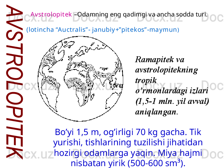 Av st rolopit ek  – Odamning eng qadimgi va ancha sodda turi .
 
( lot incha “Auct ralis” - janubiy +” pit ek os” -may mun )  
Ramapitek va 
avstrolopitekning 
tropik 
o’rmonlardagi izlari 
(1,5-1 mln. yil avval) 
aniqlangan. 
Bo’yi 1,5 m, og’irligi 70 kg gacha. Tik 
yurishi, tishlarining tuzilishi jihatidan 
hozirgi odamlarga yaqin. Miya hajmi 
nisbatan yirik (500-600 sm³). 