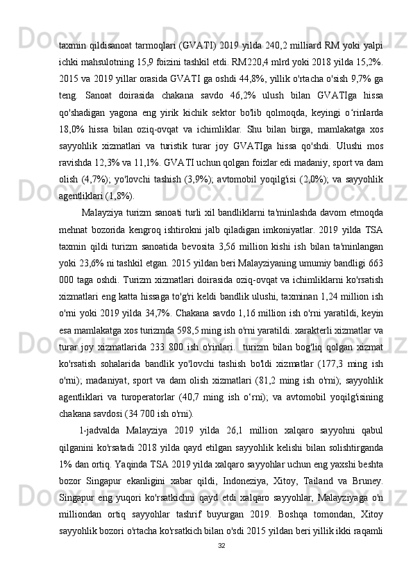 taxmin qildisanoat  tarmoqlari   (GVATI)   2019 yilda  240,2 milliard RM   yoki  yalpi
ichki mahsulotning 15,9 foizini tashkil etdi. RM220,4 mlrd yoki 2018 yilda 15,2%.
2015 va 2019 yillar orasida GVATI ga oshdi 44,8%, yillik o'rtacha o'sish 9,7% ga
teng.   Sanoat   doirasida   chakana   savdo   46,2%   ulush   bilan   GVATIga   hissa
qo'shadigan   yagona   eng   yirik   kichik   sektor   bo'lib   qolmoqda,   keyingi   o rinlardaʻ
18,0%   hissa   bilan   oziq-ovqat   va   ichimliklar.   Shu   bilan   birga,   mamlakatga   xos
sayyohlik   xizmatlari   va   turistik   turar   joy   GVATIga   hissa   qo'shdi.   Ulushi   mos
ravishda 12,3% va 11,1%. GVATI uchun qolgan foizlar edi madaniy, sport va dam
olish   (4,7%);   yo'lovchi   tashish   (3,9%);   avtomobil   yoqilg'isi   (2,0%);   va   sayyohlik
agentliklari (1,8%).
  Malayziya turizm sanoati turli xil bandliklarni ta'minlashda davom etmoqda
mehnat   bozorida   kengroq   ishtirokni   jalb   qiladigan   imkoniyatlar.   2019   yilda   TSA
taxmin   qildi   turizm   sanoatida   bevosita   3,56   million   kishi   ish   bilan   ta'minlangan
yoki 23,6% ni tashkil etgan. 2015 yildan beri Malayziyaning umumiy bandligi 663
000 taga oshdi. Turizm xizmatlari doirasida oziq-ovqat va ichimliklarni ko'rsatish
xizmatlari eng katta hissaga to'g'ri keldi bandlik ulushi, taxminan 1,24 million ish
o'rni yoki 2019 yilda 34,7%. Chakana savdo 1,16 million ish o'rni yaratildi, keyin
esa mamlakatga xos turizmda 598,5 ming ish o'rni yaratildi. xarakterli xizmatlar va
turar   joy   xizmatlarida   233   800   ish   o'rinlari.     turizm   bilan   bog'liq   qolgan   xizmat
ko'rsatish   sohalarida   bandlik   yo'lovchi   tashish   bo'ldi   xizmatlar   (177,3   ming   ish
o'rni);   madaniyat,   sport   va   dam   olish   xizmatlari   (81,2   ming   ish   o'rni);   sayyohlik
agentliklari   va   turoperatorlar   (40,7   ming   ish   o‘rni);   va   avtomobil   yoqilg'isining
chakana savdosi (34 700 ish o'rni).
1-jadvalda   Malayziya   2019   yilda   26,1   million   xalqaro   sayyohni   qabul
qilganini  ko'rsatadi  2018 yilda qayd etilgan sayyohlik  kelishi  bilan solishtirganda
1% dan ortiq. Yaqinda TSA 2019 yilda xalqaro sayyohlar uchun eng yaxshi beshta
bozor   Singapur   ekanligini   xabar   qildi,   Indoneziya,   Xitoy,   Tailand   va   Bruney.
Singapur   eng   yuqori   ko'rsatkichni   qayd   etdi   xalqaro   sayyohlar,   Malayziyaga   o'n
milliondan   ortiq   sayyohlar   tashrif   buyurgan   2019.   Boshqa   tomondan,   Xitoy
sayyohlik bozori o'rtacha ko'rsatkich bilan o'sdi 2015 yildan beri yillik ikki raqamli
32 