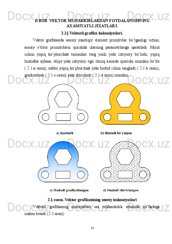 II BOB.  VEKTOR MUHARRIRLARDAN FOYDALANISHNING
AXAMIYATLI JIXATLARI .
2.1 §  Vektorli grafika imkoniyatlari.
Vektor   grafikasida   asosiy   mantiqiy   element   primitivlar   bo’lganligi   uchun,
asosiy   e’tibor   primitivlarni   qurishda   ularning   parametrlariga   qaratiladi.   Misol
uchun   yopiq   ko’pburchak   tomonlari   teng   yonli   yoki   ixtiyoriy   bo’lishi,   yopiq
hududlar   aylana,   ellips   yoki   ixtiyoriy   egri   chiziq   asosida   qurilishi   mumkin  bo’lib
( 2.1-a rasm), ushbu yopiq ko’pburchak yoki hudud ichini ranglash ( 2.1-b rasm),
gradientlash ( 2.1-c-rasm) yoki shtrixlash ( 2.1-d rasm) mumkin.
2.1-rasm.   Vektor grafikasining asosiy imkoniyatlari
Vektorli   grafikaning   imoniyatlari   uni   muhandislik   sohasida   qo’llashga
imkon beradi (2.2-rasm).
13 