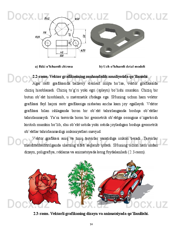 2.2-rasm. Vektor grafikasining muhandislik amaliyotida qo’llanishi
Agar   rastr   grafikasida   bazaviy   element   nuqta   bo’lsa,   vektor   grafikasida
chiziq   hisoblanadi.   Chiziq   to’g’ri   yoki   egri   (splayn)   bo’lishi   mumkin.   Chiziq   bir
butun   ob’ekt   hisoblanib,   u   matematik   ifodaga   ega.   SHuning   uchun   ham   vektor
grafikasi   fayl   hajmi   rastr   grafikasiga   nisbatan   ancha   kam   joy   egallaydi.   Vektor
grafikasi   bilan   ishlaganda   biron   bir   ob’ekt   tahrirlanganda   boshqa   ob’ektlar
tahrirlanmaydi.  Ya’ni   tasvirda  biron  bir   geometrik  ob’ektga  osongina  o’zgartirish
kiritish mumkin bo’lib, shu ob’ekt ustida yoki ostida joylashgan boshqa geometrik
ob’ektlar tahrirlanmasligi imkoniyatlari mavjud.
Vektor   grafikasi   aniq   va   tiniq   tasvirlar   yaratishga   imkon   beradi.   Tasvirlar
masshtablashtirilganda ularning sifati saqlanib qoladi. SHuning uchun ham undan
dizayn, poligrafiya, reklama va animatsiyada keng foydalaniladi (2.3-rasm).
2.3-rasm.   Vektorli grafikaning dizayn va animatsiyada qo’llanilishi.
14