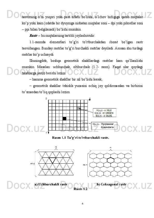 tasvirning   o’zi   yuqori   yoki   past   sifatli   bo’lishi,   o’lchov   birligiga   qarab   nuqtalar
ko’p yoki kam (odatda bir dyuymga nisbatan nuqtalar soni – dpi yoki piksellar soni
– ppi bilan belgilanadi) bo’lishi mumkin.
Rastr  – bu nuqtalarning tartibli joylashuvidir.
1.1-rasmda   elementlari   to’g’ri   to’rtburchakdan   iborat   bo’lgan   rastr
tasvirlangan. Bunday rastrlar to’g’ri burchakli rastrlar deyiladi. Asosan shu turdagi
rastrlar ko’p uchraydi.
Shuningdek,   boshqa   geometrik   shakllardagi   rastrlar   ham   qo’llanilishi
mumkin.   Masalan:   uchburchak,   oltiburchak   (1.2-   rasm).   Faqat   ular   quydagi
talablarga javob berishi lozim:
− hamma geometrik shakllar bir xil bo’lishi kerak;
−   geometrik   shakllar   tekislik   yuzasini   ochiq   joy   qoldirmasdan   va   birbirini
to’smasdan to’liq qoplashi lozim.
4