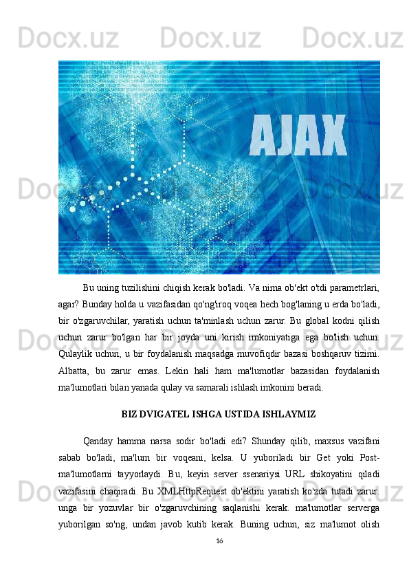  
Bu uning tuzilishini chiqish kerak bo'ladi. Va nima ob'ekt o'tdi parametrlari,
agar? Bunday holda u vazifasidan qo'ng'iroq voqea hech bog'laning u erda bo'ladi,
bir   o'zgaruvchilar,   yaratish   uchun   ta'minlash   uchun   zarur.   Bu   global   kodni   qilish
uchun   zarur   bo'lgan   har   bir   joyda   uni   kirish   imkoniyatiga   ega   bo'lish   uchun.
Qulaylik uchun,  u bir  foydalanish  maqsadga   muvofiqdir  bazasi  boshqaruv  tizimi.
Albatta,   bu   zarur   emas.   Lekin   hali   ham   ma'lumotlar   bazasidan   foydalanish
ma'lumotlari bilan yanada qulay va samarali ishlash imkonini beradi.
BIZ DVIGATEL ISHGA USTIDA ISHLAYMIZ
Qanday   hamma   narsa   sodir   bo'ladi   edi?   Shunday   qilib,   maxsus   vazifani
sabab   bo'ladi,   ma'lum   bir   voqeani,   kelsa.   U   yuboriladi   bir   Get   yoki   Post-
ma'lumotlarni   tayyorlaydi.   Bu,   keyin   server   ssenariysi   URL   shikoyatini   qiladi
vazifasini   chaqiradi.   Bu   XMLHttpRequest   ob'ektini   yaratish   ko'zda   tutadi   zarur.
unga   bir   yozuvlar   bir   o'zgaruvchining   saqlanishi   kerak.   ma'lumotlar   serverga
yuborilgan   so'ng,   undan   javob   kutib   kerak.   Buning   uchun,   siz   ma'lumot   olish
16 