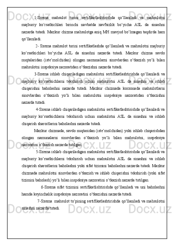 1- Sxema   mahsulot   turini   sertifikatlashtirishda   qo‘llaniladi   va   mahsulotni
majburiy   ko‘rsatkichlari   birinchi   navbatda   xavfsizlik   bo‘yicha   ASL   da   sinashni
nazarda tutadi. Mazkur chizma mahsulotga aniq MH mavjud bo‘lmagan taqdirda ham
qo‘llaniladi.
  2-   Sxema   mahsulot turini sertifikatlashda qo‘llaniladi va mahsulotni majburiy
ko‘rsatkichlari   bo‘yicha   ASL   da   sinashni   nazarda   tutadi.   Mazkur   chizma   savdo
nuqtalaridan   (iste’molchidan)   olingan   namunalarni   sinovlardan   o‘tkazish   yo‘li   bilan
mahsulotni inspeksiya nazoratidan o‘tkazishni nazarda tutadi.
3- Sxema   ishlab  chiqariladigan  mahsulotni   sertifikatlashtirishda   qo‘llaniladi  va
majburiy   ko‘rsatkichlarni   tekshirish   uchun   mahsulotni   ASL   da   sinashni   va   ishlab
chiqarishni   baholashni   nazarda   tutadi.   Mazkur   chizmada   korxonada   mahsulotlarni
sinovlardan   o‘tkazish   yo‘li   bilan   mahsulotni   inspeksiya   nazoratidan   o‘tkazishni
nazarda tutadi.
              4- Sxema  ishlab chiqariladigan mahsulotni sertifikatlashtirishda qo‘llaniladi va
majburiy   ko‘rsatkichlarni   tekshirish   uchun   mahsulotni   ASL   da   sinashni   va   ishlab
chiqarish sharoitlarini baholashni nazarda tutadi. 
Mazkur chizmada, savdo nuqtasidan (iste’molchidan) yoki ishlab chiqarishdan
olingan   namunalarni   sinovlardan   o‘tkazish   yo‘li   bilan   mahsulotni,   inspeksiya
nazoratini o‘tkazish nazarda tutilgan.
              5- Sxema  ishlab chiqariladigan mahsulotni sertifikatlashtirishda qo‘llaniladi va
majburiy   ko‘rsatkichlarni   tekshirish   uchun   mahsulotni   ASL   da   sinashni   va   ishlab
chiqarish sharoitlarini baholashni yoki sifat tizimini baholashni nazarda tutadi. Mazkur
chizmada mahsulotni sinovlardan o‘tkazish va ishlab chiqarishni tekshirish (yoki sifat
tizimini baholash) yo‘li bilan inspeksiya nazoratini o‘tkazish nazarda tutilgan.
                        6- Sxema   sifat   tizimini   sertifikatlishtirishda   qo‘llaniladi   va   uni   baholashni
hamda keyinchalik inspeksiya nazoratini o‘tkazishni nazarda tutadi.
                7- Sxema   mahsulot to‘pining sertifikatlashtirishda qo‘llaniladi va mahsulotni
sinashni nazarda tutadi. 