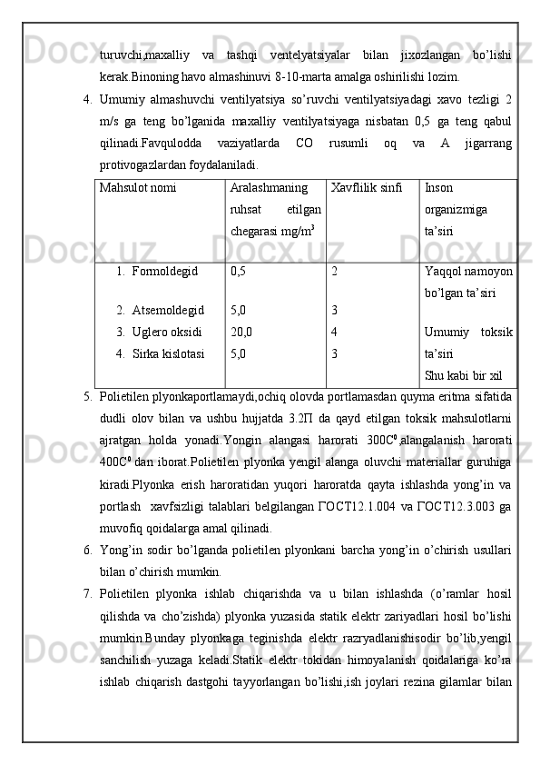 turuvchi,maxalliy   va   tashqi   ventelyatsiyalar   bilan   jixozlangan   bo’lishi
kerak.Binoning havo almashinuvi 8-10-marta amalga oshirilishi lozim.
4. Umumiy   almashuvchi   ventilyatsiya   so’ruvchi   ventilyatsiyadagi   xavo   tezligi   2
m/s   ga   teng   bo’lganida   maxalliy   ventilyatsiyaga   nisbatan   0,5   ga   teng   qabul
qilinadi.Favqulodda   vaziyatlarda   CO   rusumli   oq   va   A   jigarrang
protivogazlardan foydalaniladi.
Mahsulot nomi Aralashmaning
ruhsat   etilgan
chegarasi mg/m 3 Xavflilik sinfi Inson
organizmiga
ta’siri
1. Formoldegid
2. Atsemoldegid
3. Uglero oksidi
4. Sirka kislotasi 0,5
5,0
20,0
5,0 2
3
4
3 Yaqqol namoyon
bo’lgan ta’siri
Umumiy   toksik
ta’siri
Shu kabi bir xil
5. Polietilen plyonkaportlamaydi,ochiq olovda portlamasdan quyma eritma sifatida
dudli   olov   bilan   va   ushbu   hujjatda   3.2П   da   qayd   etilgan   toksik   mahsulotlarni
ajratgan   holda   yonadi.Yongin   alangasi   harorati   300C 0
,alangalanish   harorati
400C 0  
dan   iborat.Polietilen   plyonka   yengil   alanga   oluvchi   materiallar   guruhiga
kiradi.Plyonka   erish   haroratidan   yuqori   haroratda   qayta   ishlashda   yong’in   va
portlash     xavfsizligi   talablari   belgilangan   ГОСТ12.1.004   va   ГОСТ12.3.003   ga
muvofiq qoidalarga amal qilinadi.
6. Yong’in   sodir   bo’lganda   polietilen   plyonkani   barcha   yong’in   o’chirish   usullari
bilan o’chirish mumkin.
7. Polietilen   plyonka   ishlab   chiqarishda   va   u   bilan   ishlashda   (o’ramlar   hosil
qilishda  va  cho’zishda)  plyonka   yuzasida  statik   elektr   zariyadlari  hosil   bo’lishi
mumkin.Bunday   plyonkaga   teginishda   elektr   razryadlanishisodir   bo’lib,yengil
sanchilish   yuzaga   keladi.Statik   elektr   tokidan   himoyalanish   qoidalariga   ko’ra
ishlab   chiqarish   dastgohi   tayyorlangan   bo’lishi,ish   joylari   rezina   gilamlar   bilan 