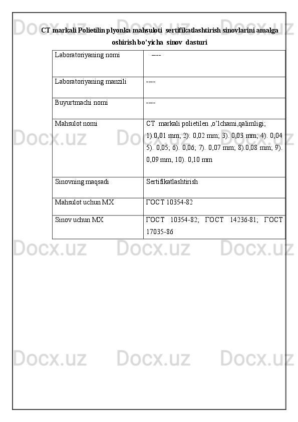 CT markali Polietilin plyonka mahsuloti  sertifikatlashtirish sinovlarini amalga
oshirish bo’yicha  sinov  dasturi
Laboratoriyaning nomi     ----
Laboratoriyaning manzili ----
Buyurtmachi nomi ----
Mahsulot nomi CT  markali polietilen ,o’lchami,qalimligi;
1).0,01 mm; 2). 0,02 mm; 3). 0,03 mm; 4). 0,04
5). 0,05; 6). 0,06; 7). 0,07 mm; 8).0,08 mm; 9).
0,09 mm, 10). 0,10 mm
Sinovning maqsadi Sertifikatlashtirish
Mahsulot uchun MX ГОСТ 10354-82
Sinov uchun MX ГОСТ   10354-82;   ГОСТ   14236-81 ;   ГОСТ
17035-86 