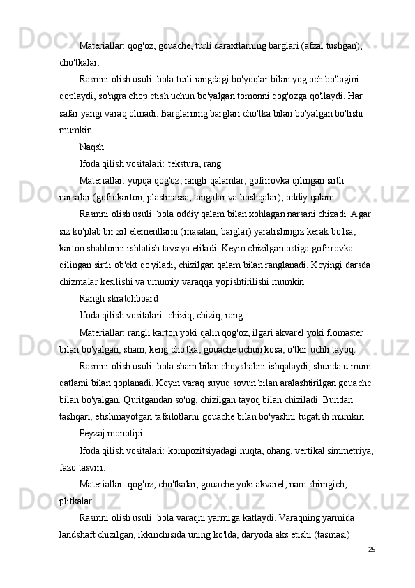 Materiallar:   qog'oz, gouache, turli daraxtlarning barglari (afzal tushgan), 
cho'tkalar.
Rasmni olish usuli:   bola turli rangdagi bo'yoqlar bilan yog'och bo'lagini 
qoplaydi, so'ngra chop etish uchun bo'yalgan tomonni qog'ozga qo'llaydi. Har 
safar yangi varaq olinadi. Barglarning barglari cho'tka bilan bo'yalgan bo'lishi 
mumkin.
Naqsh
Ifoda qilish vositalari:   tekstura, rang.
Materiallar:   yupqa qog'oz, rangli qalamlar, gofrirovka qilingan sirtli 
narsalar (gofrokarton, plastmassa, tangalar va boshqalar), oddiy qalam.
Rasmni olish usuli:   bola oddiy qalam bilan xohlagan narsani chizadi. Agar 
siz ko'plab bir xil elementlarni (masalan, barglar) yaratishingiz kerak bo'lsa, 
karton shablonni ishlatish tavsiya etiladi. Keyin chizilgan ostiga gofrirovka 
qilingan sirtli ob'ekt qo'yiladi, chizilgan qalam bilan ranglanadi. Keyingi darsda 
chizmalar kesilishi va umumiy varaqqa yopishtirilishi mumkin.
Rangli skratchboard
Ifoda qilish vositalari:   chiziq, chiziq, rang.
Materiallar:   rangli karton yoki qalin qog'oz, ilgari akvarel yoki flomaster 
bilan bo'yalgan, sham, keng cho'tka, gouache uchun kosa, o'tkir uchli tayoq.
Rasmni olish usuli:   bola sham bilan choyshabni ishqalaydi, shunda u mum 
qatlami bilan qoplanadi. Keyin varaq suyuq sovun bilan aralashtirilgan gouache 
bilan bo'yalgan. Quritgandan so'ng, chizilgan tayoq bilan chiziladi. Bundan 
tashqari, etishmayotgan tafsilotlarni gouache bilan bo'yashni tugatish mumkin.
Peyzaj monotipi
Ifoda qilish vositalari:   kompozitsiyadagi nuqta, ohang, vertikal simmetriya,
fazo tasviri.
Materiallar:   qog'oz, cho'tkalar, gouache yoki akvarel, nam shimgich, 
plitkalar.
Rasmni olish usuli:   bola varaqni yarmiga katlaydi. Varaqning yarmida 
landshaft chizilgan, ikkinchisida uning ko'lda, daryoda aks etishi (tasmasi) 
25 