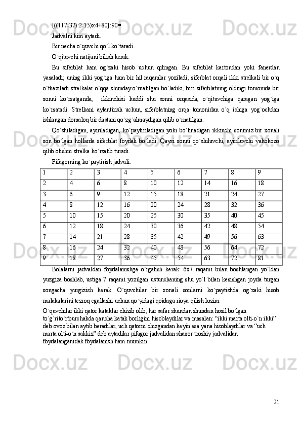 [((117-37):2-15)x4+80]:90= 
Jadvalni kim aytadi. 
Bir necha o`quvchi qo`l ko`taradi. 
O`qituvchi natijani bilish kerak. 
Bu   siferblat   ham   og`zaki   hisob   uchun   qilingan.   Bu   siferblat   kartondan   yoki   fanerdan
yasaladi; uning ikki yog`iga ham bir hil raqamlar yoziladi;  siferblat orqali ikki strelkali  bir o`q
o`tkaziladi strelkalar o`qqa shunday o`rnatilgan bo`ladiki, biri siferblatning oldingi tomonida bir
sonni   ko`rsatganda,     ikkinchisi   huddi   shu   sonni   orqasida,   o`qituvchiga   qaragan   yog`iga
ko`rsatadi.   Strelkani   aylantirish   uchun,   siferblatning   orqa   tomonidan   o`q   ichiga   yog`ochdan
ishlangan domaloq bir dastani qo`zg`almaydigan qilib o`rnatilgan. 
Qo`shiladigan,  ayiriladigan,  ko`paytiriladigan  yoki bo`linadigan  ikkinchi  sonimiz  bir xonali
son   bo`lgan   hollarda   siferblat   foydali   bo`ladi.   Qaysi   sonni   qo`shiluvchi,   ayiriluvchi   vahokozo
qilib olishni strelka ko`rsatib turadi. 
Pifagorning ko`paytirish jadvali.
1 2 3 4 5 6 7 8 9
2 4 6 8 10 12 14 16 18
3 6 9 12 15 18 21 24 27
4 8 12 16 20 24 28 32 36
5 10 15 20 25 30 35 40 45
6 12 18 24 30 36 42 48 54
7 14 21 28 35 42 49 56 63
8 16 24 32 40 48 56 64 72
9 18 27 36 45 54 63 72 81
Bolalarni   jadvaldan   foydalanishga   o`rgatish   kerak:   6x7   raqami   bilan   boshlangan   yo`ldan
yuzgiza   boshlab,   ustiga   7   raqami   yozilgan   ustunchaning   shu   yo`l  bilan   kesishgan  joyda   turgan
songacha   yurgizish   kerak.   O`quvchilar   bir   xonali   sonlarni   ko`paytishda   og`zaki   hisob
malakalarini tezroq egallashi uchun qo`yidagi qoidaga rioya qilish lozim. 
O`quvchilar ikki qator kataklar chizib olib, har safar shundan shundan hosil bo`lgan 
to`g`rito`rtburchakda qancha katak borligini hisoblaydilar va masalan: “ikki marta olti-o`n ikki” 
deb ovoz bilan aytib beradilar, uch qatorni chizgandan keyin esa yana hisoblaydilar va “uch 
marta olti-o`n sakkiz” deb aytadilar pifagor jadvalidan shaxor troshiy jadvalidan 
foydalanganidek foydalanish ham mumkin
21 