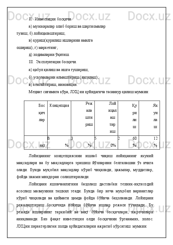 II. Инвестиция   босқичи.
а) музокаралар олиб бориш ва шартномалар 
тузиш; б) лойиҳалаштириш;
в) қуриш(қурилиш ишларини амалга 
ошириш); г) маркетинг;
д) ходимларни ўқитиш.
III. Эксплуатация   босқичи.
а) қабул қилиш ва ишга тушириш;
б) ускуналарни алмаштириш (янгилаш);
в) кенгайтириш, инновация.
Меҳнат сиғимига кўра, ЛХЦ ни қуйидагича тасаввур қилиш мумкин:
Бос
қич
лар Концепция Реж
ала
шти
риш Лой
иҳал
аш
тир
иш Қу
ри
ли
ш Як
ун
ла
ш
В
ақт 3
 % 5
% 2
0% 60
% 12
%
Лойиҳанинг   концепциясини   ишлаб   чиқиш   лойиҳанинг   якуний
мақсадлари   ва   бу   мақсадларга   эришиш   йўлларини   белгилашни   ўз   ичига
олади.   Бунда   муқобил   мақсадлар   кўриб   чиқилади,   ҳажмлар,   муддатлар,
фойда  хажми  миқдоран   солиштирилади.
Лойиҳани   яшовчанлигини   баҳолаш   дастлабки   техник-иқтисодий
асослаш   мазмунини   ташкил   этади.   Бунда   бир   неча   муқобил   вариантлар
кўриб   чиқилади   ва   қиймати   ҳамда   фойда   бўйича   баҳоланади.   Лойиҳани
режалаштириш   босқичида   лойиҳа   бўйича   ишлар   режаси   тузилади.   Бу
режада   ишларнинг   таркибий   ва   вақт   бўйича   босқичлари,   ижрочилари
аниқланади.   Биз   фақат   инвестиция   олди   босқичини   ўрганамиз,   холос.
ЛХЦни характерлаган  холда  қуйидагиларни ажратиб кўрсатиш   мумкин: 