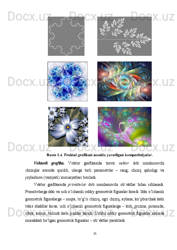 Vektorli   grafika.   Vektor   grafikasida   tasvir   vektor   deb   nomlanuvchi
chiziqlar   asosida   qurilib,   ularga   turli   parametrlar   –   rang,   chiziq   qalinligi   va
joylashuvi (vaziyati) xususiyatlari beriladi.
Vektor   grafikasida   primitivlar   deb   nomlanuvchi   ob’ektlar   bilan   ishlanadi.
Primitivlarga ikki va uch o’lchamli oddiy geometrik figuralar kiradi. Ikki o’lchamli
geometrik figuralarga – nuqta, to’g’ri chiziq, egri chiziq, aylana, ko’pburchak kabi
tekis shakllar  kirsa, uch o’lchamli geometrik figuralarga – kub, prizma, piramida,
sfera, konus, tsilindr kabi jismlar kiradi. Ushbu oddiy geometrik figuralar asosida
murakkab bo’lgan geometrik figuralar – ob’ektlar yaratiladi.
25 