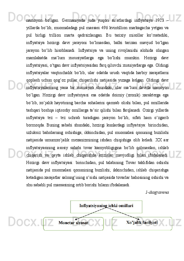 namoyon   bo‘lgan.   Germaniyada   juda   yuqori   su‘atlardagi   inflyatsiya   1923   –
yillarda   bo‘lib,   muomaladagi   pul   massasi   496   kvintillion   markagacha   yetgan   va
pul   birligi   trillion   marta   qadrsizlangan.   Bu   tarixiy   misollar   ko‘rsatadiki,
inflyatsiya   hozirgi   davr   jarayoni   bo‘lmasdan,   balki   tarixan   mavjud   bo‘lgan
jarayon   bo‘lib   hisoblanadi.   Inflyatsiya   va   uning   rivojlanishi   alohida   olingan
mamlakatda   ma‘lum   xususiyatlarga   ega   bo‘lishi   mumkin.   Hozirgi   davr
inflyatsiyasi, o‘tgan davr inflyatsiyasidan farq qiluvchi xusuiyatlarga ega. Oldingi
inflyatsiyalar   vaqtinchalik   bo‘lib,   ular   odatda   urush   vaqtida   harbiy   xarajatlarni
qoplash   uchun   qog‘oz   pullar   chiqarilishi   natijasida   yuzaga   kelgan.   Oldingi   davr
inflyatsiyalarining   yana   bir   xususiyati   shundaki,   ular   ma‘lum   davrda   namoyon
bo‘lgan.   Hozirgi   davr   inflyatsiyasi   esa   odatda   doimiy   (xronik)   xarakterga   ega
bo‘lib,   xo‘jalik   hayotining   barcha   sohalarini   qamrab   olishi   bilan,   pul   omillarida
tashqari boshqa iqtisodiy omillarga ta‘sir qilishi  bilan farqlanadi. Oxirgi yillarda
inflyatsiya   tez   –   tez   uchrab   turadigan   jarayon   bo‘lib,   sifati   ham   o‘zgarib
bormoqda.   Buning   sababi   shundaki,   hozirgi   kunlardagi   inflyatsiya:   birinchidan,
uzluksiz   baholarning   oshishiga;   ikkinchidan,   pul   muomalasi   qonuning   buzilishi
natijasida   umumxo‘jalik   mexanizmining   ishdan   chiqishiga   olib   keladi.   XX   asr
inflyatsiyasining   asosiy   sababi   tovar   kamyobligigina   bo‘lib   qolmasdan,   ishlab
chiqarish   va   qayta   ishlab   chiqarishda   krizislar   mavjudligi   bilan   ifodalanadi.
Hozirgi   davr   inflyatsiyasi:   birinchidan,   pul   talabining   Tovar   taklifidan   oshishi
natijasida   pul   muomalasi   qonunining   buzilishi;   ikkinchidan,   ishlab   chiqarishga
ketadigan xarajatlar salmog‘ining o‘sishi natijasida tovarlar bahosining oshishi va
shu sababli pul massasining ortib borishi bilann ifodalanadi.
1-diagramma 