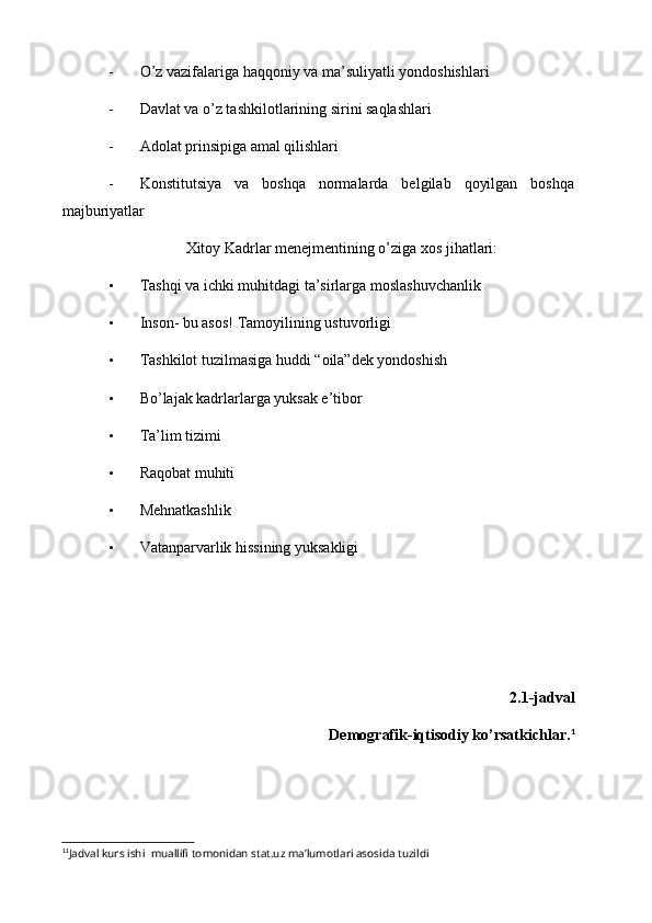 - O’z vazifalariga haqqoniy va ma’suliyatli yondoshishlari
- Davlat va o’z tashkilotlarining sirini saqlashlari
- Adolat prinsipiga amal qilishlari
- Konstitutsiya   va   boshqa   normalarda   belgilab   qoyilgan   boshqa
majburiyatlar
Xitoy Kadrlar menejmentining o’ziga xos jihatlari:
• Tashqi va ichki muhitdagi ta’sirlarga moslashuvchanlik
• Inson- bu asos! Tamoyilining ustuvorligi
• Tashkilot tuzilmasiga huddi “oila”dek yondoshish
• Bo’lajak kadrlarlarga yuksak e’tibor
• Ta’lim tizimi
• Raqobat muhiti
• Mehnatkashlik
• Vatanparvarlik hissining yuksakligi
2.1-jadval
Demografik-iqtisodiy ko’rsatkichlar. 1
1 1
Jadval kurs ishi    muallifi tomonidan stat.uz ma’lumotlari asosida tuzildi 
