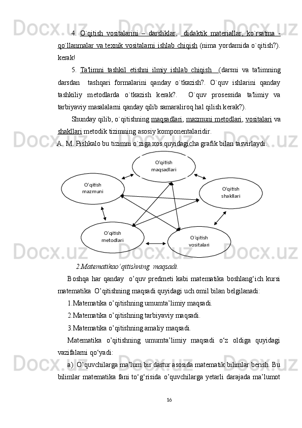 4.   O`qitish   vositalarini   –   darsliklar ,     didaktik   mat    е   riallar,   ko`rsatma   -   
qo`llanmalar va t    е   xnik vositalarni ishlab chiqish      (nima yordamida o`qitish?).
kerak!
5.   Ta'limni   tashkil   etishni   ilmiy   ishlab   chiqish     (darsni   va   ta'limning
darsdan     tashqari   formalarini   qanday   o`tkazish?.   O`quv   ishlarini   qanday
tashkiliy   m е todlarda   o`tkazish   k е rak?.     O`quv   pros е ssida   ta'limiy   va
tarbiyaviy masalalarni qanday qilib samaraliroq hal qilish k е rak?).
Shunday qilib, o`qitishning  maqsadlari ,  mazmuni m    е   todlari    ,  vositalari  va
shakllari  m е todik tizimning asosiy kompon е ntalaridir. 
A. M. Pishkalo bu tizimni o`ziga xos quyidagicha grafik bilan tasvirlaydi. 
2.Matematikao’qitishning  maqsadi.
Boshqa   har   qanday     o’quv   predmeti   kabi   matematika   boshlang‘ich   kursi
matematika  O’qitishning maqsadi quyidagi uch omil bilan belgilanadi:
1.Matematika o’qitishning umumta’limiy maqsadi.
2.Matematika o’qitishning tarbiyaviy maqsadi.
3.Matematika o’qitishning amaliy maqsadi.
Matematika   o’qitishning   umumta’limiy   maqsadi   o‘z   oldiga   quyidagi
vazifalarni qo‘yadi:
a)  O’quvchilarga ma’lum bir dastur asosida matematik bilimlar berish. Bu
bilimlar  matematika fani  to‘g‘risida o’quvchilarga yetarli  darajada  ma’lumot
16O’qitish 
maqsadlari
O’qitish 
shakllari
O’qitish 
vositalariO’qitish 
mazmuni
O’qitish 
metodlari 