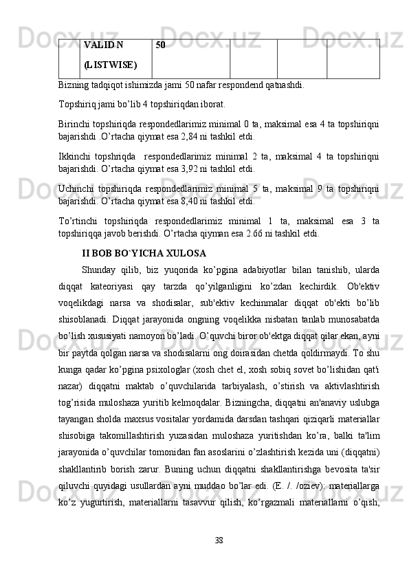VALID N 
(LISTWISE) 50
Bizning tadqiqot ishimizda jami 50 nafar respondend qatnashdi.
Topshiriq jami bo’lib 4 topshiriqdan iborat. 
Birinchi topshiriqda respondedlarimiz minimal 0 ta, maksimal esa 4 ta topshiriqni
bajarishdi .O’rtacha qiymat esa 2,84 ni tashkil etdi.
Ikkinchi   topshriqda     respondedlarimiz   minimal   2   ta,   maksimal   4   ta   topshiriqni
bajarishdi. O’rtacha qiymat esa 3,92 ni tashkil etdi.
Uchinchi   topshiriqda   respondedlarimiz   minimal   5   ta,   maksimal   9   ta   topshiriqni
bajarishdi. O’rtacha qiymat esa 8,40 ni tashkil etdi.
To’rtinchi   topshiriqda   respondedlarimiz   minimal   1   ta,   maksimal   esa   3   ta
topshiriqqa javob berishdi. O’rtacha qiyman esa 2.66 ni tashkil etdi.
II BOB BO`YICHA XULOSA
Shunday   qilib,   biz   yuqorida   ko’pgina   adabiyotlar   bilan   tanishib,   ularda
diqqat   kateoriyasi   qay   tarzda   qo’yilganligini   ko’zdan   kechirdik.   Ob'ektiv
voqelikdagi   narsa   va   shodisalar,   sub'ektiv   kechinmalar   diqqat   ob'ekti   bo’lib
shisoblanadi.   Diqqat   jarayonida   ongning   voqelikka   nisbatan   tanlab   munosabatda
bo’lish xususiyati namoyon bo’ladi. O’quvchi biror ob'ektga diqqat qilar ekan, ayni
bir paytda qolgan narsa va shodisalarni ong doirasidan chetda qoldirmaydi. To shu
kunga qadar ko’pgina psixologlar (xosh chet el, xosh sobiq sovet bo’lishidan qat'i
nazar)   diqqatni   maktab   o’quvchilarida   tarbiyalash,   o’stirish   va   aktivlashtirish
tog’risida muloshaza  yuritib kelmoqdalar. Bizningcha,  diqqatni  an'anaviy uslubga
tayangan sholda maxsus vositalar yordamida darsdan tashqari qiziqarli materiallar
shisobiga   takomillashtirish   yuzasidan   muloshaza   yuritishdan   ko’ra,   balki   ta'lim
jarayonida o’quvchilar tomonidan fan asoslarini o’zlashtirish kezida uni (diqqatni)
shakllantirib   borish   zarur.   Buning   uchun   diqqatni   shakllantirishga   bevosita   ta'sir
qiluvchi   quyidagi   usullardan  ayni   muddao   bo’lar   edi.   (E.   /.   /oziev):   materiallarga
ko’z   yugurtirish,   materiallarni   tasavvur   qilish,   ko’rgazmali   materiallarni   o’qish,
38 