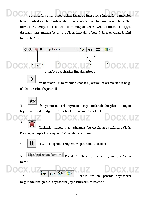 Bu   qatorda   virtual   asbob   uchun   kerak   bo’lgan   ishchi   knopkalar   ,   indicator
holati , virtual asbobni boshqarish uchun  kerak bo’lgan hamma  zarur  elementlar
mavjud.   Bu   lineyka   asbobi   har   doim   mavjud   turadi.   Uni   ko’rinishi   siz   qaysi
darchada   turishingizga   bo’g’liq   bo’ladi.   Lineyka   asbobi   8   ta   knopkadan   tashkil
topgan bo’ladi. 
 
     
                              Interfeys darchasida lineyka asbobi 
1.    
Programmani ishga tushirish knopkasi, jarayon bajarilayotganda belgi
o’z ko’rinishini o’zgartiradi. 
 
2.       Programmani   sikl   rejimida   ishga   tushirish   knopkasi,   jarayon
bajarilayotganda  belgi       o’z tashqi ko’rinishini o’zgartiradi. 
 
3.    
Qachonki jarayon ishga tushganda  ,bu knopka aktiv holatda bo’ladi.
Bu knopka orqali biz jarayonni to’xtatishimiza mumkin. 
 
4. Pauza –knopkasi. Jarayonni vaqtinchalik to’xtatadi. 
 
5.       Bu   shrift   o’lchami,   uni   taxriri,   rangi,uslubi   va
toifasi. 
  
  6.                 bunda   biz   old   panelda   obyektlarni
to’g’irlashimiz, grafik   obyektlarni  joylashtirishimiza mumkin. 
19