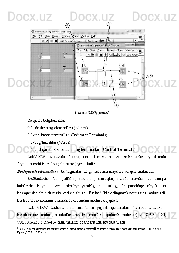 1-rasm Oddiy panel.
Raqamli belgilanishlar:
^ 1- dasturning elementlari (Nodes);
^ 2-indikator terminallari (Indicator Terminals);
^ 3-bog’lanishlar (Wires);
^ 4-boshqarish elementlarining terminallari (Control Terminals)
LabVIEW   dasturida   boshqarish   elementlari   va   indikatorlar   yordamida
foydalanuvchi interfeys (old panel) yaratiladi. 1
Boshqarish elementlari -  bu tugmalar, ishga tushirish maydoni va qurilmalaridir.
Indikatorlar -   bu   grafiklar,   shkalalar,   chiroqlar,   matnli   maydon   va   shunga
kabilardir.   Foydalanuvchi   interfeys   yaratilgandan   so’ng,   old   paneldagi   obyektlarni
boshqarish uchun dasturiy kod qo’shiladi. Bu kod (blok diagram) sxemasida joylashadi.
Bu kod blok-sxemani eslatadi, lekin undan ancha farq qiladi.
Lab   VIEW   dasturidan   ma’lumotlarni   yig’ish   qurilmalari,   turli-xil   datchiklar,
kuzatish   qurilmalari,   harakatlantiruvchi   (masalan:   qadamli   motorlar)   va   GPIB,   PXI,
VXI, RS-232 b RS-484 qurilmalarni boshqarishda foydalaniladi.
1
 LabVIEW: практикум по электронике и микропроцессорной технике: Учеб_ное пособие для вузов. – М. : ДМК 
Пресс, 2005. – 182 с.: ил.
6 