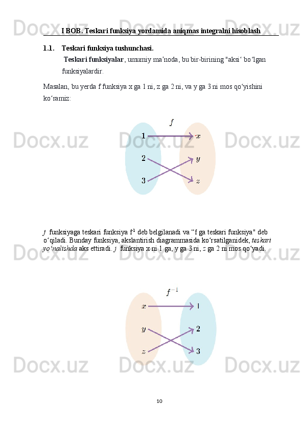 10I BOB. Teskari funksiya yordamida aniqmas integralni hisoblash
1.1. Teskari funksiya tushunchasi.
 Teskari funksiyalar , umumiy ma noda, bu bir-birining "aksi  bo lgan ʼ ʻ ʻ
funksiyalardir.
Masalan, bu yerda   f   funksiya   x   ga   1   ni,   z   ga   2   ni, va   y   ga   3   ni mos qo yishini 	
ʻ
ko ramiz:	
ʻ
f   funksiyaga teskari funksiya   f -1
 deb belgilanadi  va “f   ga teskari funksiya" deb 
o qiladi. Bunday funksiya, akslantirish diagrammasida ko rsatilganidek,
ʻ ʻ   teskari 
yo nalishda
ʻ   aks ettiradi.  f   funksiya x ni 1 ga, y ga 3 ni,  z  ga 2 ni mos qo yadi.	ʻ
  