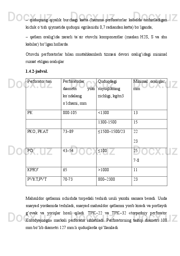 –   quduqning   qiyalik   burchagi   katta   (hamma   perforatorlar   kabelda   tushiriladigan
kichik o`tish qiymatida quduqni egrilanishi 0,7 radiandan katta) bo`lganda; 
–   qatlam   oralig‘ida   zararli   ta`sir   etuvchi   komponentlar   (maslan   H2S,   S   va   shu
kabilar) bo‘lgan hollarda.
Otuvchi   perforatorlar   bilan   mustahkamlash   tizmasi   devori   oralig‘idagi   minimal
ruxsat etilgan oraliqlar
1.4.2-jadval.
Perforator turi Perforatorlar
diametri   yoki
ko`ndalang
o`lchami, mm Quduqdagi
suyuqlikning
zichligi, kg/m3 Minimal   oraliqlar,
mm
PК 800-105 <1300 13
1300-1500 15
PКО, PКАТ 73–89 ≤1500–1500/23 22
23
PО 43–54 ≤100 25
7-8
КPRУ 65 >1000 11
PVКТ,PVТ 70-73 800–2300 23
Mahsuldor   qatlamni   ochishda   torpedali   teshish   usuli   yaxshi   samara   beradi.   Unda
snaryad yordamida teshiladi, snaryad mahsuldor qatlamni yorib kiradi va portlaydi
g‘ovak   va   yoriqlar   hosil   qiladi.   TPK–22   va   TPK–32   «torpedniy   perforator
Kolodyajnogo»   markali   perforator   ishlatiladi.   Perforatorning   tashqi   diametri   100
mm bo‘lib diametri 127 mm li quduqlarda qo’llaniladi. 