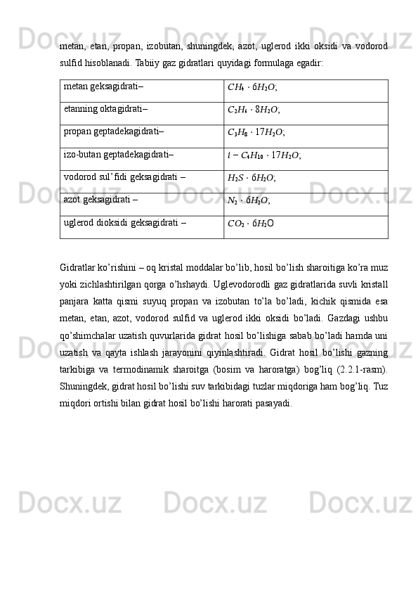 metan,   etan,   propan,   izobutan,   shuningdek,   azot,   uglerod   ikki   oksidi   va   vodorod
sulfid hisoblanadi. Tabiiy gaz gidratlari quyidagi formulaga egadir:
metan geksagidrati–
????????????
4   ⋅  6 ??????
2 ?????? ;
etanning oktagidrati–
??????
2 ??????
6   ⋅  8 ??????
2 ?????? ;
propan geptadekagidrati–
??????
3 ??????
8   ⋅  17 ??????
2 ?????? ;
izo-butan geptadekagidrati–
??????  −  ??????
4 ??????
10   ⋅  17 ??????
2 ?????? ;
vodorod sul’fidi geksagidrati –
??????
2 ??????   ⋅  6 ??????
2 ?????? ;
azot geksagidrati –
??????
2   ⋅  6 ??????
2 ?????? ;
uglerod dioksidi geksagidrati –
????????????
2   ⋅  6 ??????
2 O
Gidratlar ko’rishini – oq kristal moddalar bo’lib, hosil bo’lish sharoitiga ko’ra muz
yoki zichlashtirilgan qorga o’hshaydi. Uglevodorodli gaz gidratlarida suvli kristall
panjara   katta   qismi   suyuq   propan   va   izobutan   to’la   bo’ladi,   kichik   qismida   esa
metan,   etan,   azot,   vodorod   sulfid   va   uglerod   ikki   oksidi   bo’ladi.   Gazdagi   ushbu
qo’shimchalar uzatish quvurlarida gidrat hosil bo’lishiga sabab bo’ladi hamda uni
uzatish   va   qayta   ishlash   jarayonini   qiyinlashtiradi.   Gidrat   hosil   bo’lishi   gazning
tarkibiga   va   termodinamik   sharoitga   (bosim   va   haroratga)   bog’liq   (2.2.1-rasm).
Shuningdek, gidrat hosil bo’lishi suv tarkibidagi tuzlar miqdoriga ham bog’liq. Tuz
miqdori ortishi bilan gidrat hosil bo’lishi harorati pasayadi. 