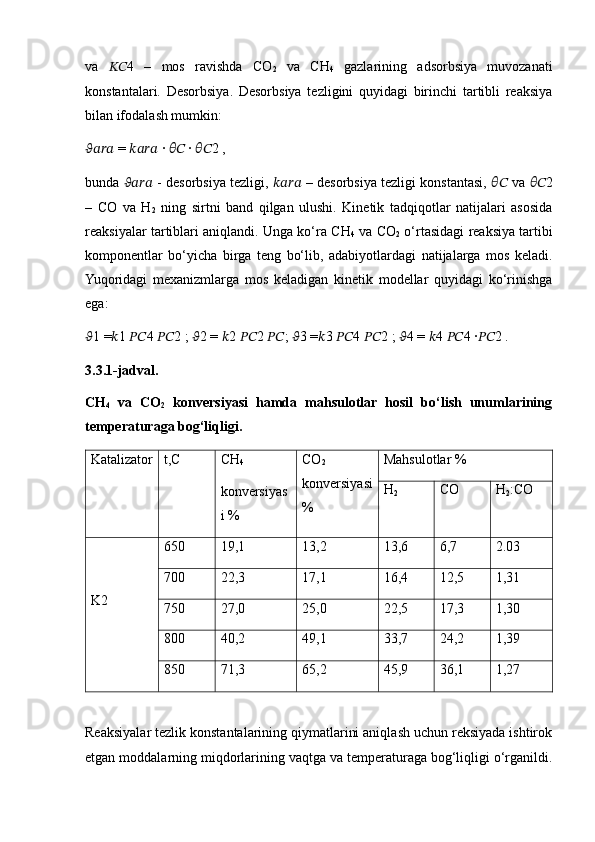 va   ???????????? 4   –   mos   ravishda   CO
2   va   CH
4   gazlarining   adsorbsiya   muvozanati
konstantalari.   Desorbsiya.   Desorbsiya   tezligini   quyidagi   birinchi   tartibli   reaksiya
bilan ifodalash mumkin:
????????????????????????  =  ????????????????????????  ∙  ????????????  ∙  ???????????? 2 ,
bunda  ????????????????????????  - desorbsiya tezligi,  ????????????????????????  – desorbsiya tezligi konstantasi,   ????????????  va   ???????????? 2
–   CO   va   H
2   ning   sirtni   band   qilgan   ulushi.   Kinetik   tadqiqotlar   natijalari   asosida
reaksiyalar tartiblari aniqlandi. Unga ko‘ra CH
4  va CO
2  o‘rtasidagi reaksiya tartibi
komponentlar   bo‘yicha   birga   teng   bo‘lib,   adabiyotlardagi   natijalarga   mos   keladi.
Yuqoridagi   mexanizmlarga   mos   keladigan   kinetik   modellar   quyidagi   ko‘rinishga
ega: 
?????? 1 = ?????? 1  ???????????? 4  ???????????? 2 ;  ?????? 2 =  ?????? 2  ???????????? 2  ???????????? ;  ?????? 3 = ?????? 3  ???????????? 4  ???????????? 2 ;  ?????? 4 =  ?????? 4  ???????????? 4 ∙ ???????????? 2 .
3.3.1-jadval.
CH
4   va   CO
2   konversiyasi   hamda   mahsulotlar   hosil   bo‘lish   unumlarining
temperaturaga bog‘liqligi.
Katalizator t,C CH
4
konversiyas
i % CO
2
konversiyasi
% Mahsulotlar %
H
2 CO H
2 :CO
K2 650 19,1 13,2 13,6 6,7 2.03
700 22,3 17,1 16,4 12,5 1,31
750 27,0 25,0 22,5 17,3 1,30
800 40,2 49,1 33,7 24,2 1,39
850 71,3 65,2 45,9 36,1 1,27
Reaksiyalar tezlik konstantalarining qiymatlarini aniqlash uchun reksiyada ishtirok
etgan moddalarning miqdorlarining vaqtga va temperaturaga bog‘liqligi o‘rganildi. 