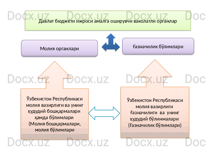 Давлат бюджети ижроси амалга оширувчи ваколатли органлар
Молия органлари Ғазначилик бўлимлари
Ўзбекистон Республикаси 
молия вазирлиги ва унинг 
ҳудудий бошқармалари  
ҳамда бўлимлари 
(Молия бошқармалари, 
молия бўлимлари Ўзбекистон Республикаси 
молия вазирлиги  
Ғазначилиги  ва  унинг 
ҳудудий бўлинмалари 
(Ғазначилик бўлимлари)       