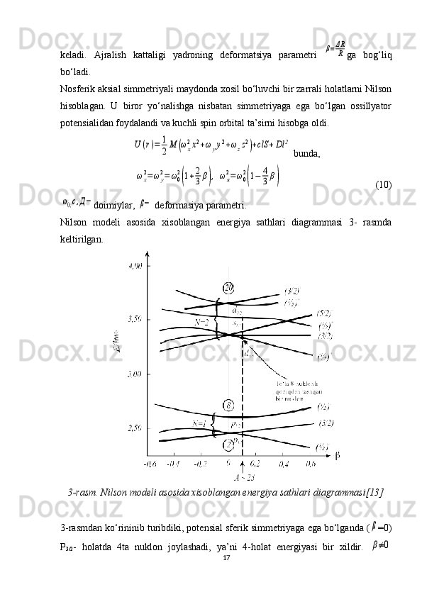 keladi.   Ajralish   kattaligi   yadroning   deformatsiya   parametri  β=ΔR
R ga   bog‘liq
bo‘ladi.
Nosferik aksial simmetriyali maydonda xosil bo‘luvchi bir zarrali holatlarni Nilson
hisoblagan.   U   biror   yo‘nalishga   nisbatan   simmetriyaga   ega   bo‘lgan   ossillyator
potensialidan foydalandi va kuchli spin orbital ta’sirni hisobga oldi.	
U	(r)=	1
2	M	(ωx
2x2+ω	yy2+ωzz2)+clS	+Dl	2
 bunda,	
ωx2=ωy2=	ω02
(1+2
3β),	ω	я2=	ω02
(1−	4
3β)
                                      ( 10 )	
ω0,с,Д−
doimiylar, 	β−  deformasiya parametri.
Nilson   modeli   asosida   xisoblangan   energiya   sathlari   diagrammasi   3-   rasmda
keltirilgan.
3-rasm. Nilson modeli asosida xisoblangan energiya sathlari diagrammasi[13]
3-rasmdan ko‘rininib turibdiki, potensial sferik simmetriyaga ega bo‘lganda (	
β =0)
P
3/2 -   holatda   4ta   nuklon   joylashadi,   ya’ni   4-holat   energiyasi   bir   xildir.  
β≠0
17 
