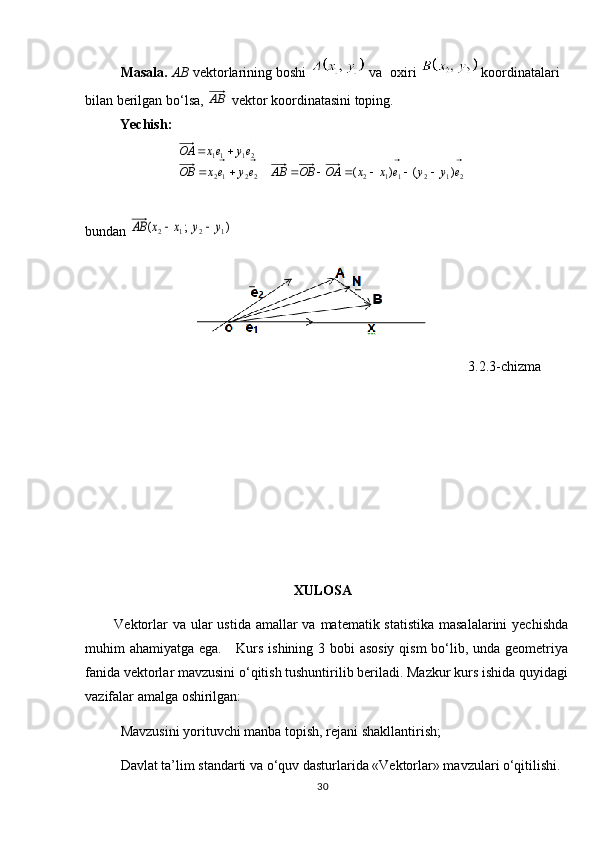          Masala.   AB  vektorlarining boshi   va  oxiri   koordinatalari
bilan berilgan bo‘lsa, AB  vektor koordinatasini toping.
          Yechish:  
2121122212 2111	
)	(	)	(	e	y	y	e	x	x	OA	OB	AB	ey	ex	OB	
ey	ex	OA	
⃗	⃗	⃗	⃗	
⃗	⃗	
								
	
bundan 	
)	;	(	1	2	1	2	y	y	x	x	AB		
                       3.2.3-chizma
           
XULOSA
            Vektorlar  va ular  ustida amallar   va matematik statistika masalalarini  yechishda
muhim ahamiyatga ega.      Kurs ishining 3 bobi  asosiy  qism  bo‘lib, unda geometriya
fanida vektorlar mavzusini o‘qitish tushuntirilib beriladi. Mazkur kurs ishida quyidagi
vazifalar amalga oshirilgan:
Mavzusini yorituvchi manba topish, rejani shakllantirish;
Davlat ta’lim standarti va o‘quv dasturlarida «Vektorlar» mavzulari o‘qitilishi.
30 