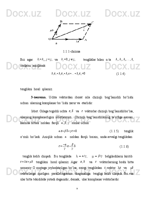                            
                                                   1.1.1-chizma
Biz   agar        λ
i = λ
i
k , j = j
k    va     λj=	0,j≠	jk              tengliklar bilan   n ta       	λ1,λ2,λ3,…	,λn
sonlarni  aniqlasak
                           	
λ1a1+λ2a2+λ3a+…	+λnan=0                                      (1.1.4)
                           
tenglikni  hosil  qilamiz.
       3-teorema.     Uchta     vektordan   iborat    oila   chiziqli    bog‘Ianishli     bo‘lishi
uchun  ularning komplanar bo ‘lishi zarur va  etarlidir.
             Isbot. Oilaga tegishli uchta   a , b
   va    c
  vektorlar chiziqli bog‘Ianishlibo‘lsa,
ularning   komplanarligini   isbotlaymiz.     Chiziqli   bog‘lanishlikning   ta’rifiga   asosan,
kamida bittasi  noldan  farqli    α , β , γ
   sonlar uchun
                                           	
αa+βb+γc=0                                      (1.1.5)      tenglik
o‘rinli  bo‘ladi.  Aniqlik  uchun    α
    noldan  farqli  boisin,  unda avvalgi tenglikdan
                                               c = − α
γ a − β
γ b
                                                     (1.1.6)
    tenglik kelib  chiqadi.    Bu  tenglikda        λ  =   α / γ
,        μ =   β / γ
    belgilashlarni  kiritib  	
c=	λa+μb
    tenglikni     hosil   qilamiz.   Agar    	a,b       va    	c     vektorlarning   boshi   bitta
umumiy   О   nuqtaga  joylashtirilgan  bo‘lsa,  oxirgi   tenglikdan    	
c   vektor    λ	a     va      μ b
vektorlarga     qurilgan    parallelogramm     diagonaliga     tengligi   kelib  chiqadi.   Bu   esa
ular bitta tekislikda yotadi deganidir, demak,  ular komplanar vektorlardir.
9 